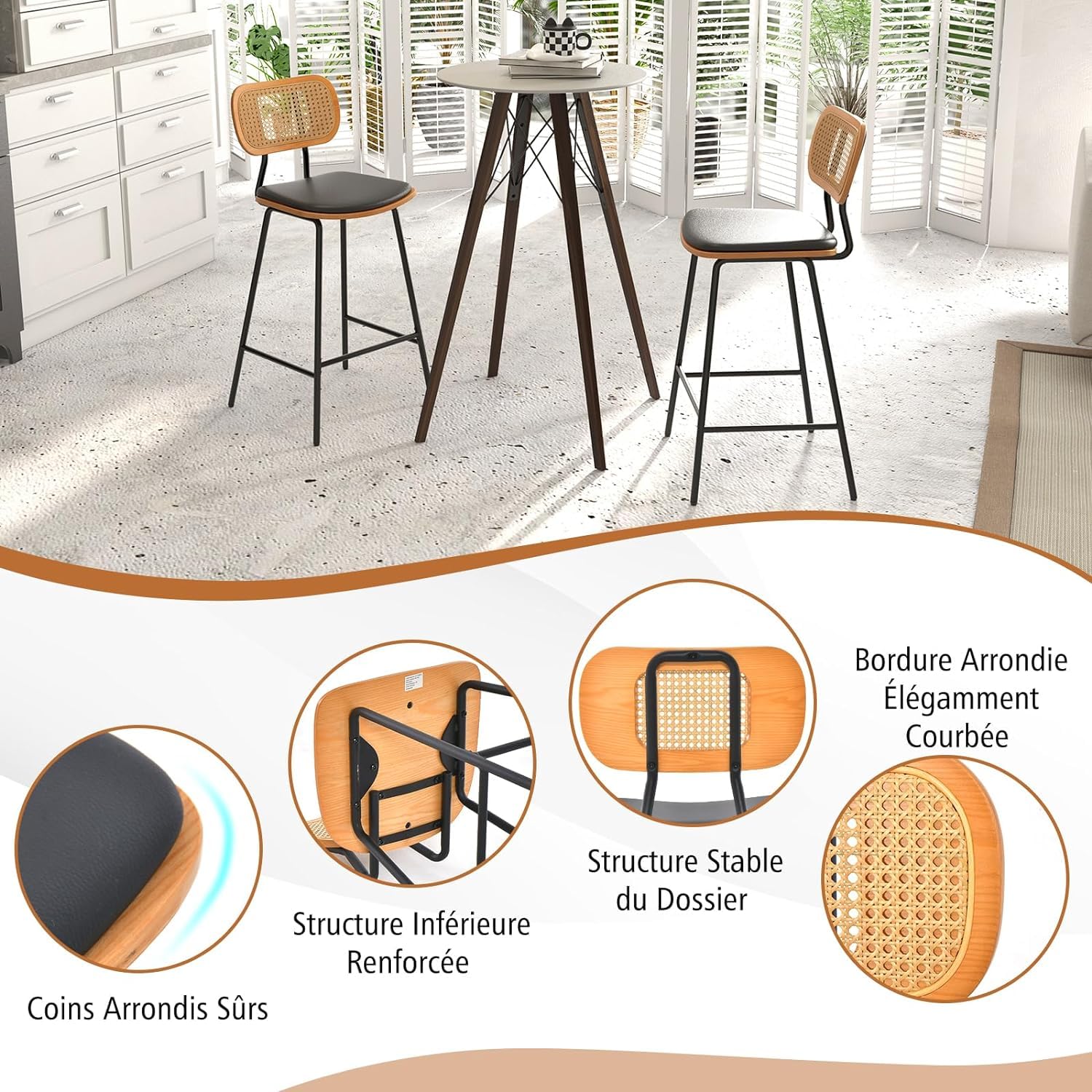 RELAX4LIFE Lot de 2 Tabourets de Bar en Rotin, Chaise Haute Bar Cuisine Bohème avec Cadre Métallique, Chaise Cannage avec Repose-Pieds, Assise 65,5 CM, Charge 140 KG pour Café Salon Bistro