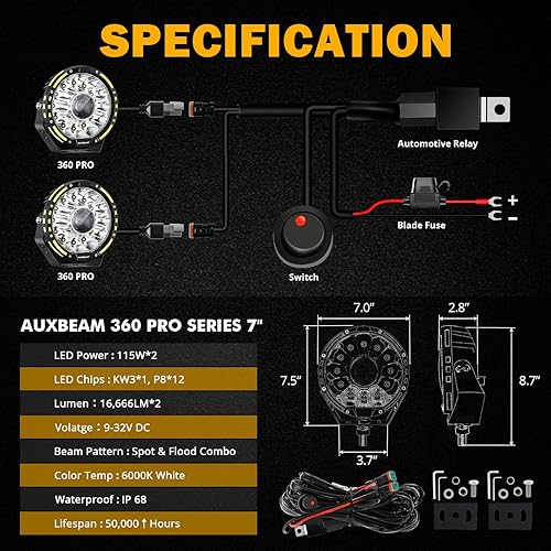 Miniatura 5 de Auxbeam Serie 360-PRO - Luces redondas todoterreno de 7 pulgadas con 2 cubiertas ámbar, paquete de luces de conducción redondas de 230 W, barra de