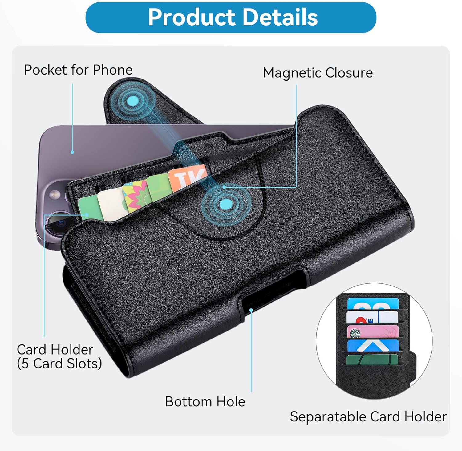 nuoku Dual Phone Holster for iPhone 17/16/15/14/13/12/11 Pro Max Series with Separatable Card Holder, Double Phone Case for Two Phones for S22 Plus/S21 Plus/S20 Plus(Black)