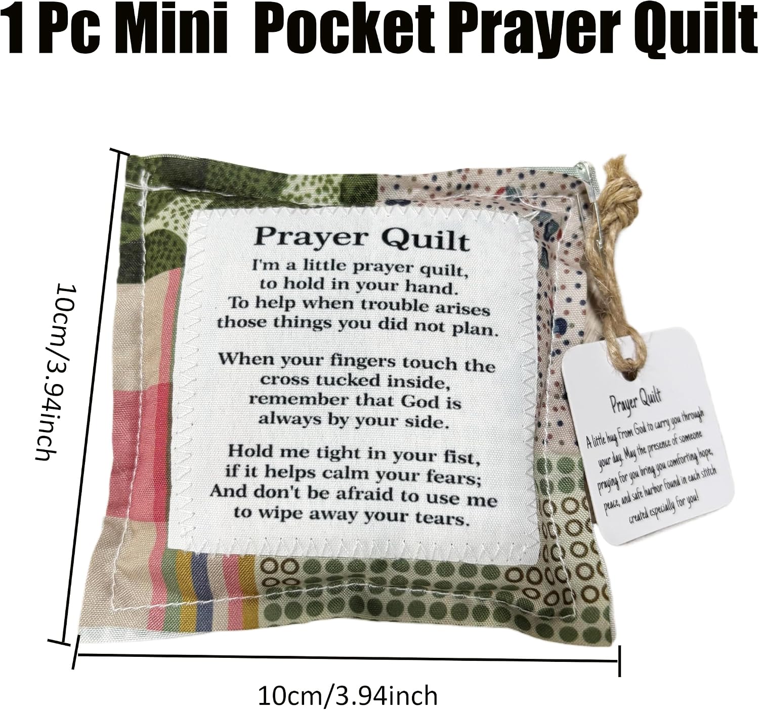 1PC Mini Pocket Prayer Quilt with Wood Cross Inside, Handmade Comfort Square, Vintage Design, 3.94 x 3.94 inches