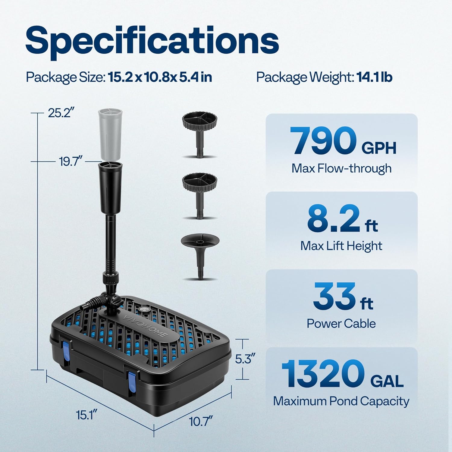 VIVOHOME All-in-One Pond Filter Fountain System Kits, 790 GPH Submersible Water Pump for Ponds up to 1320 Gallons