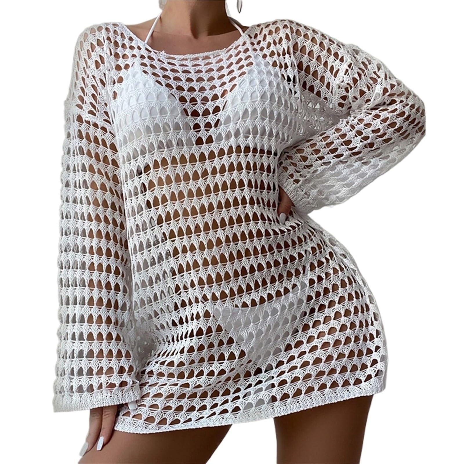 Vestido Playero Largo de Manga Larga con Cuello Redondo y Aberturas for Mujer