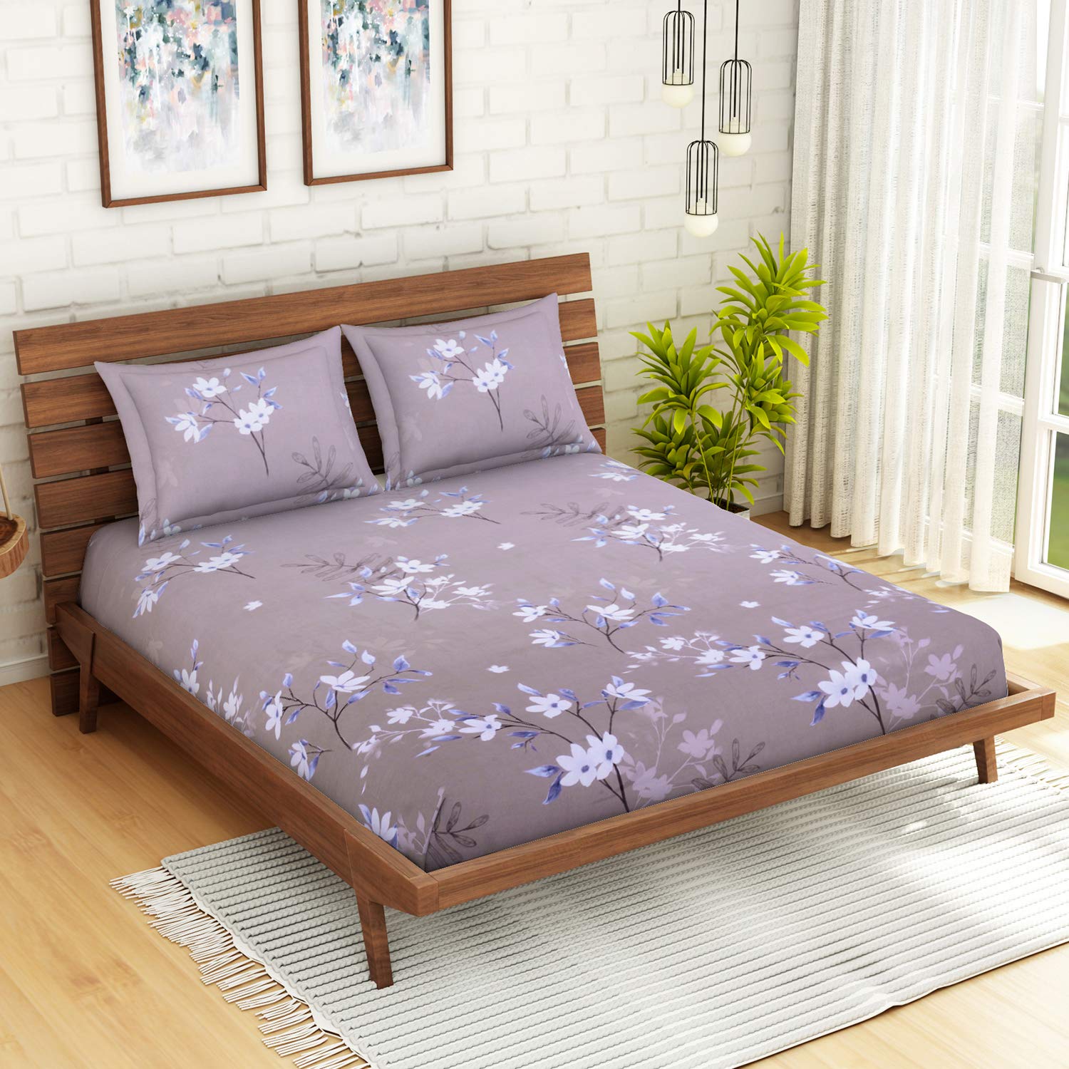 Welhome Microfibre Lapiazza Grey & White Floral 1 Double Bedsheet with 2 Pillow Covers