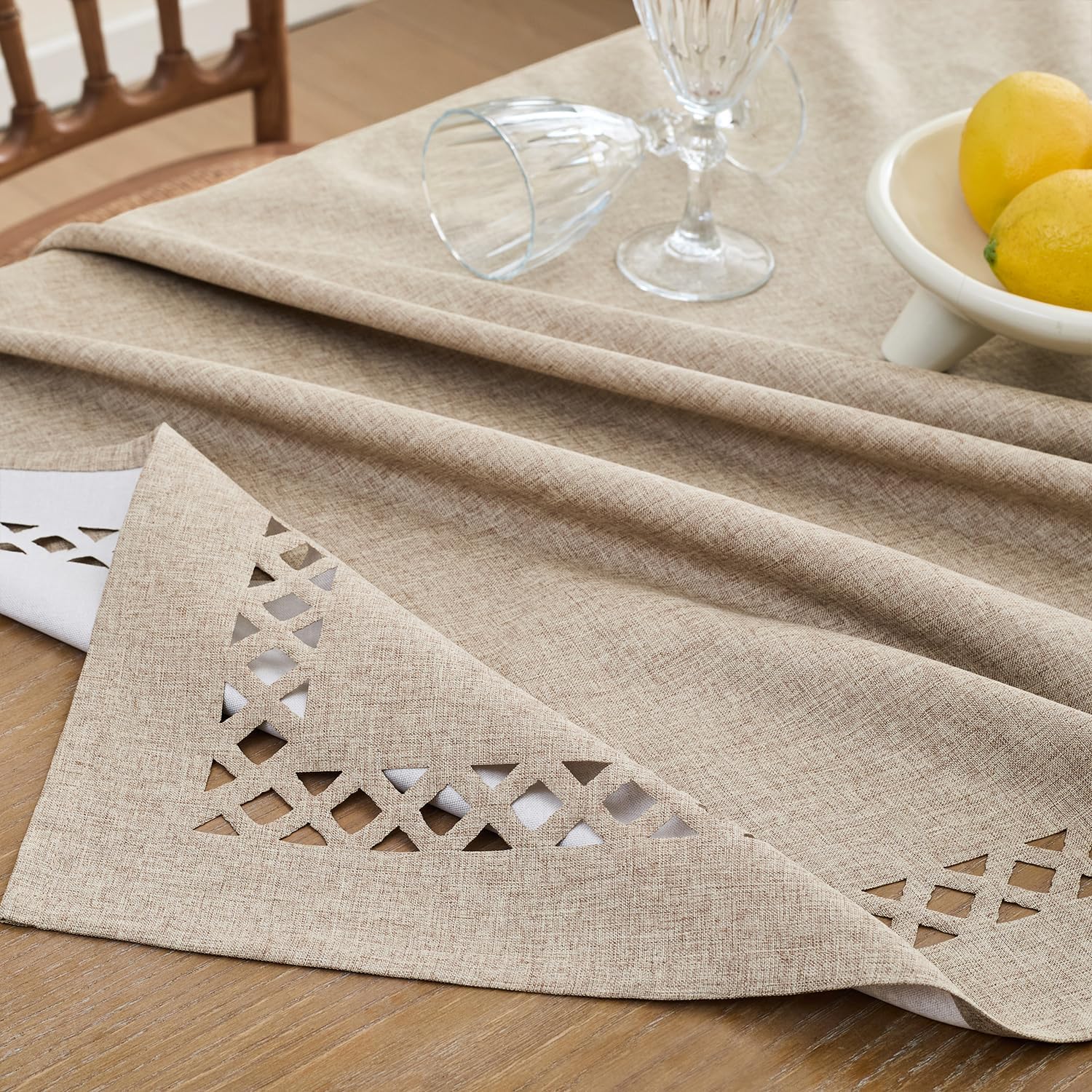 Farmhouse Linen Textured Tablecloth Lattice Cutwork Waterproof & Stain Resistant Table Cloth Rectangle Tables Wrinkle Free Table Covers for Dining Room and Outdoor Party, 55 x 102 Inchs, Coffee