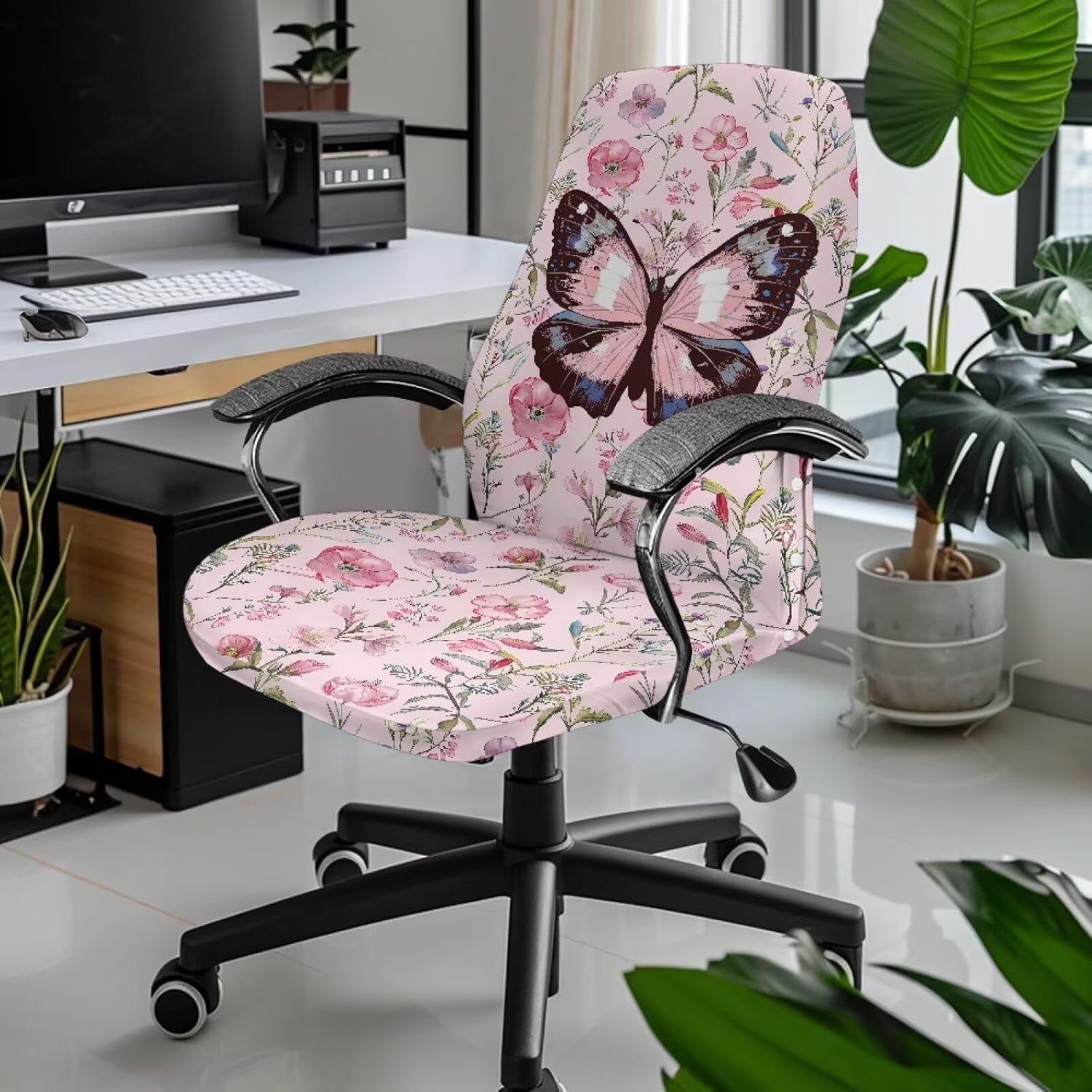 Pink Butterfly Office Chair Cover Stretch Computer Desk Chair Covers Universal Swivel Chair Covers Gaming Chair Covers Removable High Back Seat Washable Protector Pet Friendly
