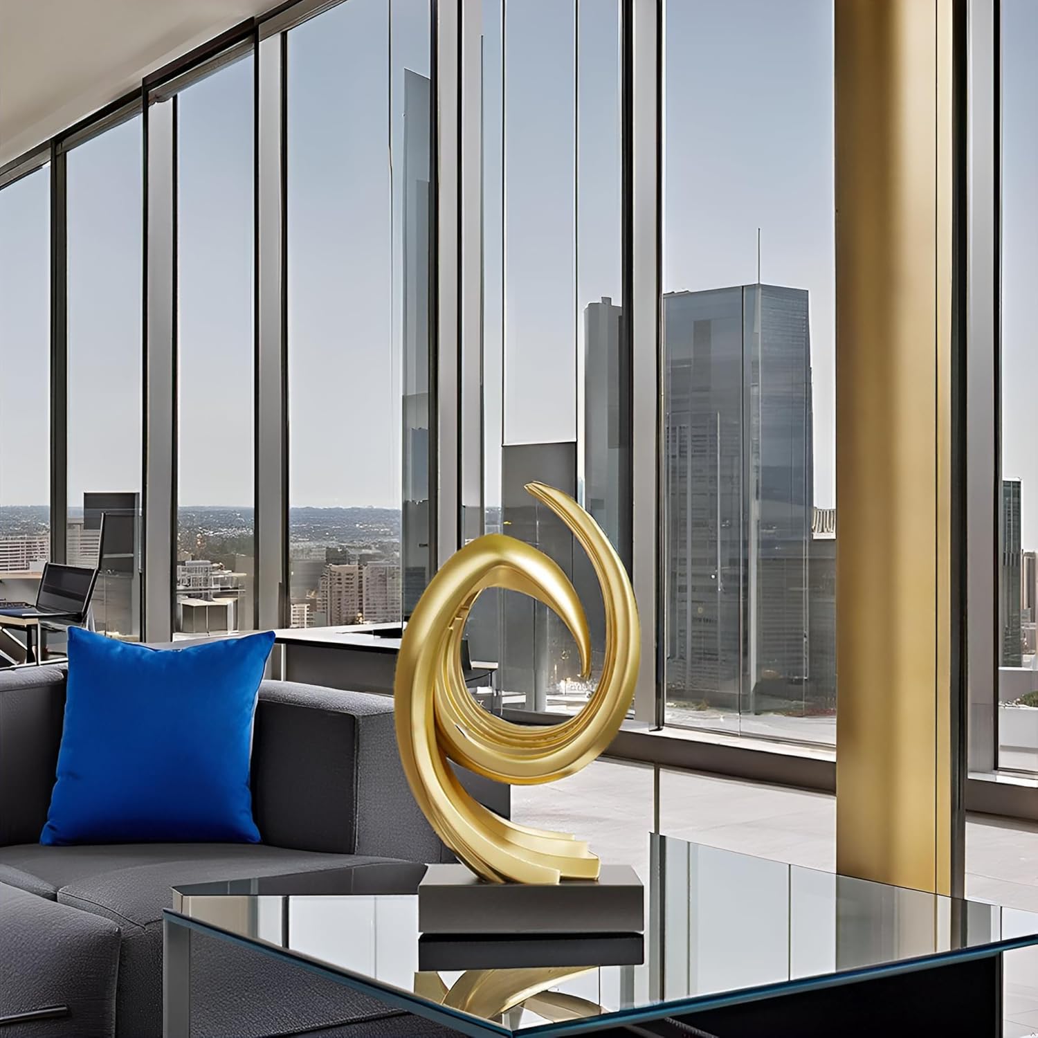 Golden Wave Resin Origami Statue Modern Abstract Home Decoration Emphasizes Abstract Office Desk Carving Table Family Bedroom Living Room Garden Office Golden Stripe Decoration (C) - Image 4