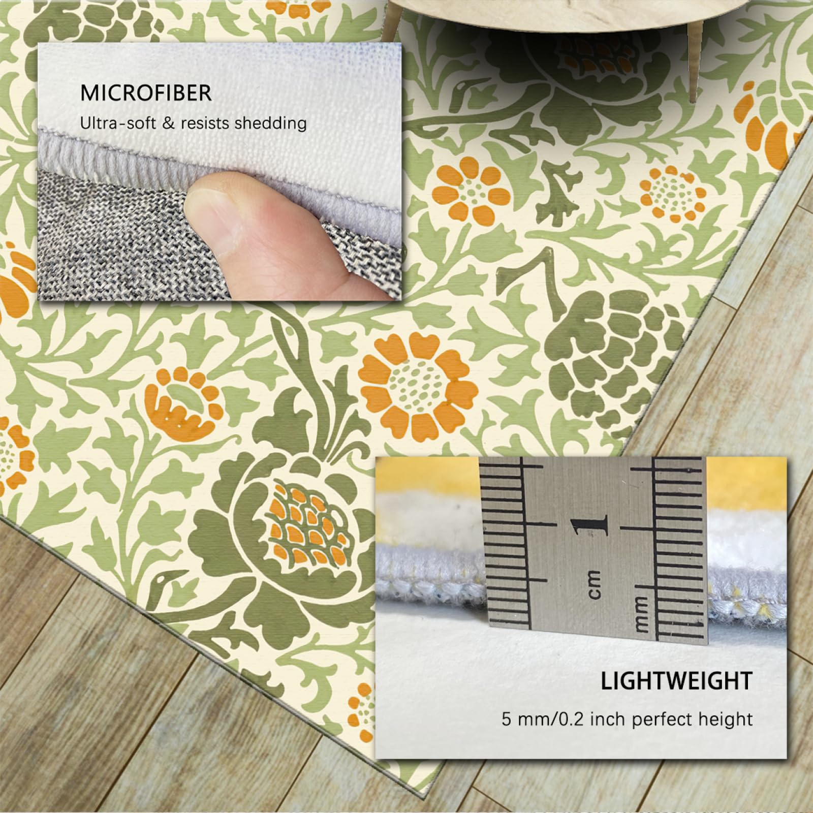 Kleiner TeppichMorris Art Boho Blumenteppich Inneneingang Türmatte Niedrige Flor Throw Teppiche für Kinderzimmer Esszimmer Küche Fußmatten 60 x 100 cm