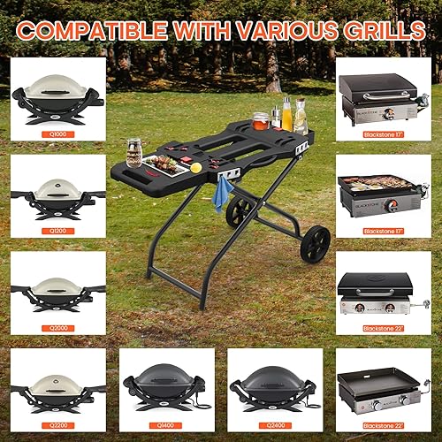 Miniatura 16 de Carrito de mesa para parrilla al aire libre, carrito de comedor móvil, soporte de mesa para horno de pizza con ruedas, mesa de trabajo y preparación