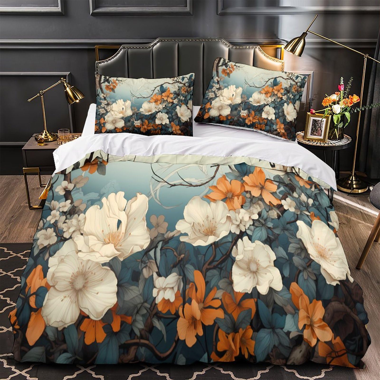 Housse de couette floral 3D 135x200cm en microfibre avec 2 taies d'oreiller pour lit simple