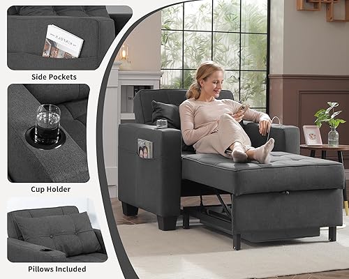 Miniatura 5 de DURASPACE Pull Out Sofa Bed 3-in-1 Convertible Sofa Sleeper Chair Bed with USB, Cup Holder, Adjustable Armchair Beds for Small Spaces, Apartment,