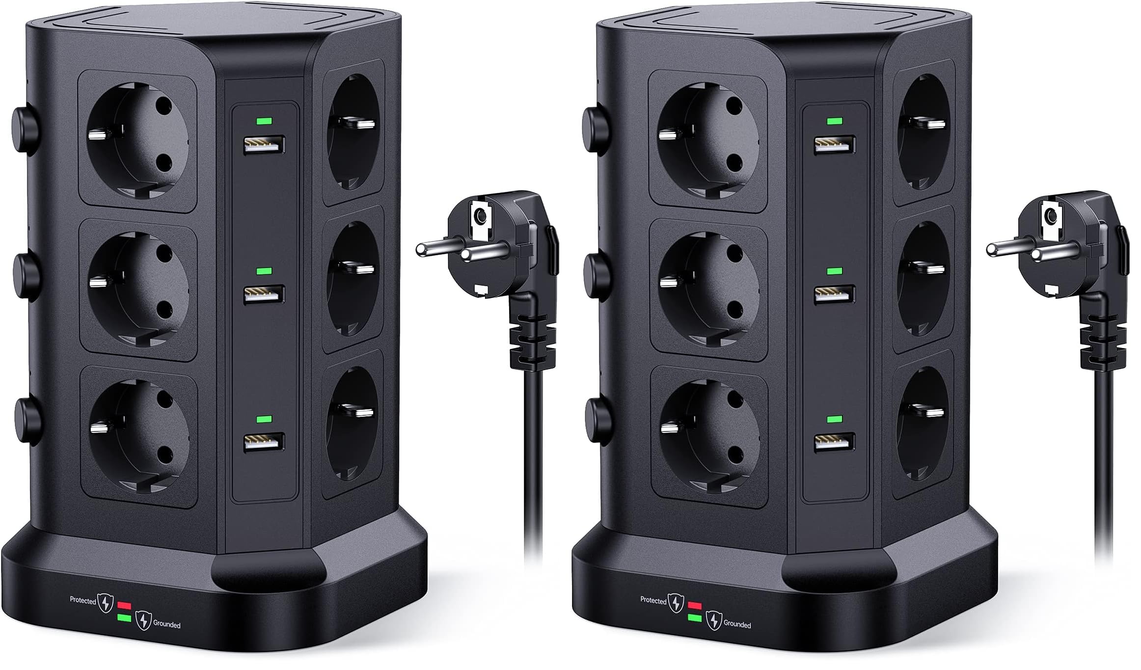 KOOSLA 12 Fach Steckdosenleiste (4000W/16A), 6 USB Mehrfachsteckdose mit Überspannungsschutz, einzeln schaltbarer Steckdosenturm für Büro Küche Tisch,2M Kabel, Schwarz (Packung mit 2)