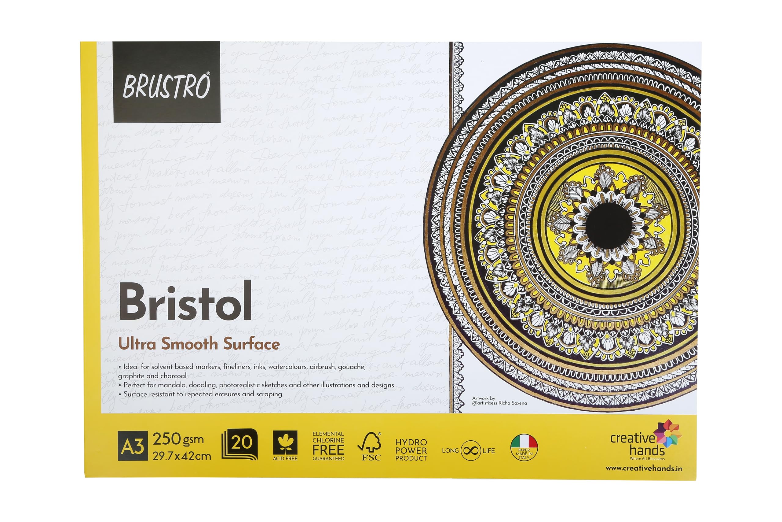 BRUSTRO Bristol Ultra Smooth Glued Pad | 250 GSM,A3,20 Sheets | Natural Grain, Medium Surface, Ideal for Charcoal, Coloured Pencils, Gouche, Pen, Pastels, Ink.-image-34