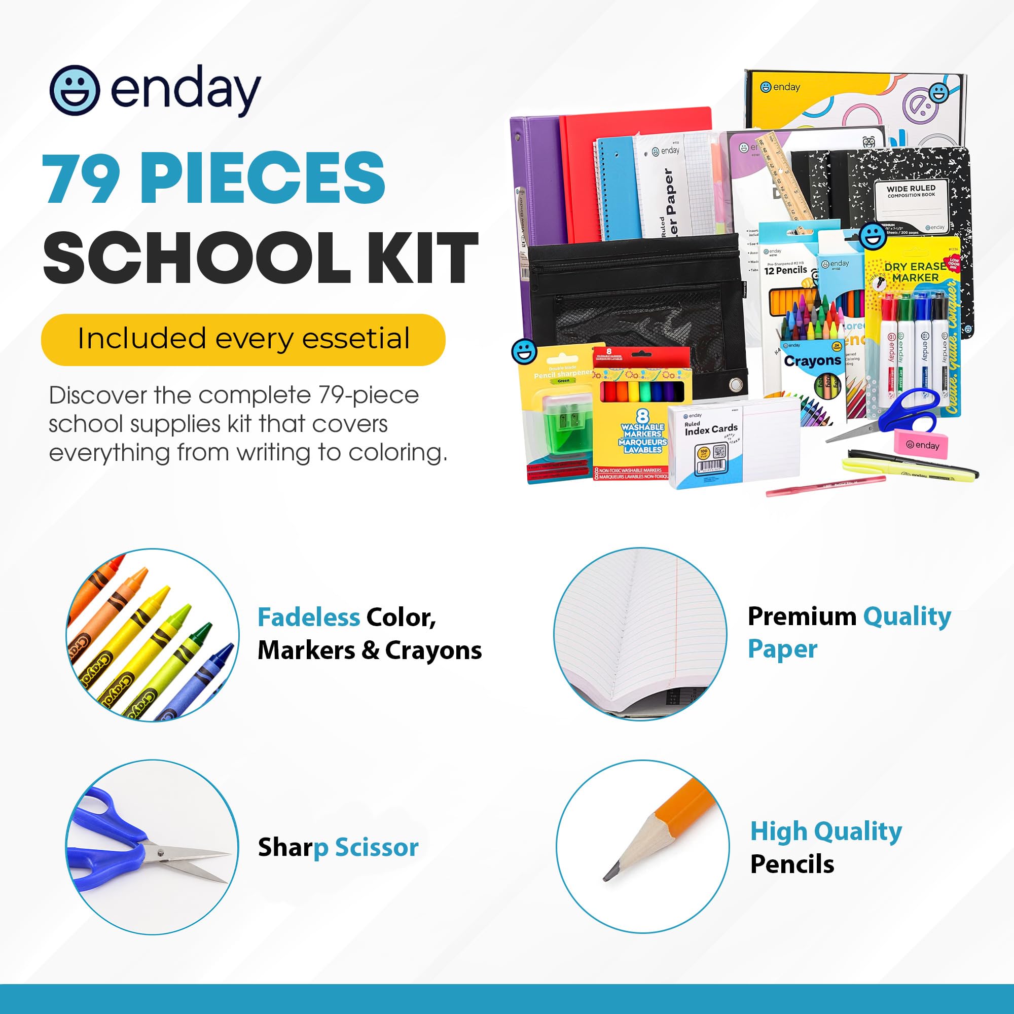 Enday Kit de fournitures scolaires de 4e et 5e année – Kit de rentrée scolaire de 79 pièces, fournitures scolaires de qualité supérieure pour filles et garçons, fournitures scolaires et quatrième