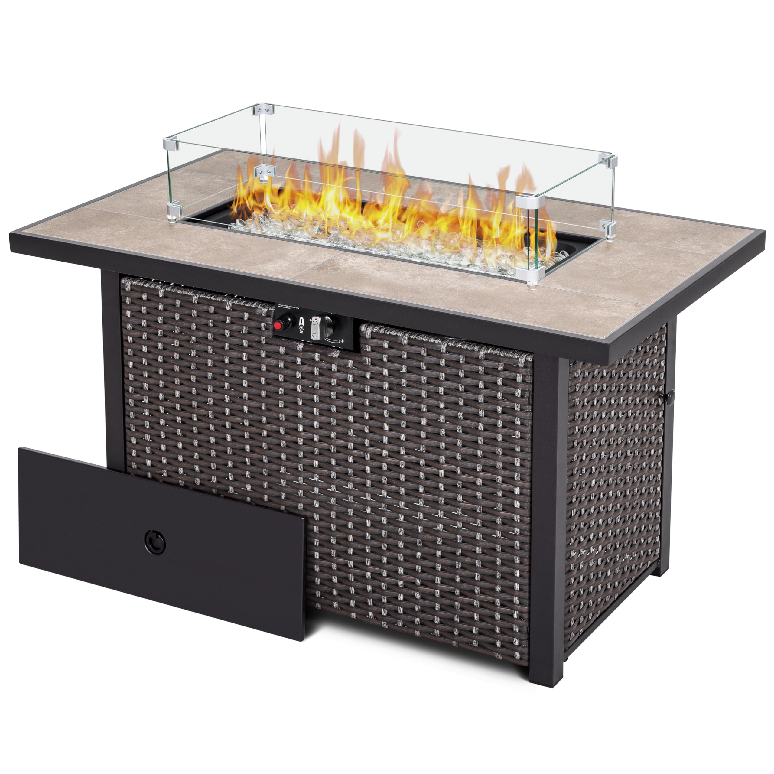 Nuu Garden 43" Propane Fire Pit Table, CSA Certified 50,000 BTU Outdoor Patio Propane Fire Pit Table with Fire Pit Wind Guard, Removable Lid, Ceramic Tabletop, Water-Proof Oxford Cover, Dark Brown