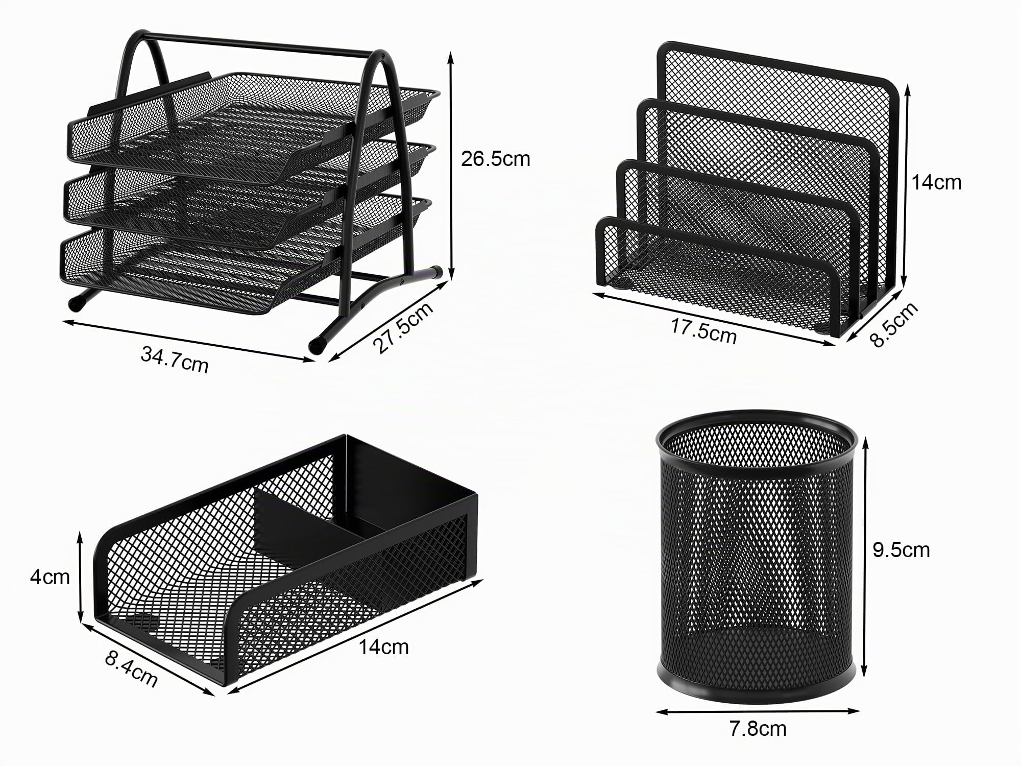 EasyPAG Metall Büro Schreibtisch Organizer 4er-Set, 3 Fächer A4 Dokumentenhalter Aktenablage Zeitschriftenhalter Briefablage Papier Organisator, Stiftköcher, Haftnotizenhalter, Briefständer,Schwarz
