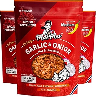 MaeMai Chili Crisp (MEDIUM HOT Spice) - Spicy Umami Onion & Garlic Flakes - All-Purpose Seasoning, Topper | Chili oil WITHOUT THE OIL. Crunchy condiment for rice seasoning, ramen topping | 9.51oz (3-PACK)