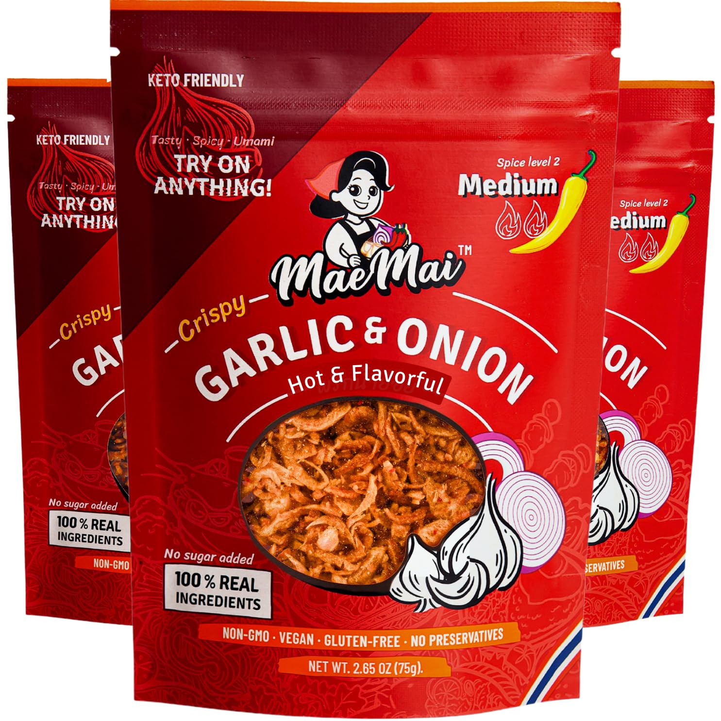 MaeMai Chili Crisp (MEDIUM HOT Spice) - Spicy Umami Onion & Garlic Flakes - All-Purpose Seasoning, Topper | Chili oil WITHOUT THE OIL. Crunchy condiment for rice seasoning, ramen topping | 9.51oz (3-PACK)