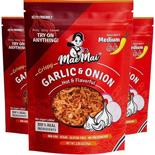 MaeMai Chili Crisp (MEDIUM HOT Spice) - Spicy Umami Onion & Garlic Flakes - All-Purpose Seasoning, Topper | Chili oil WITHOUT THE OIL. Crunchy condiment for rice seasoning, ramen topping | 9.51oz (3-PACK)