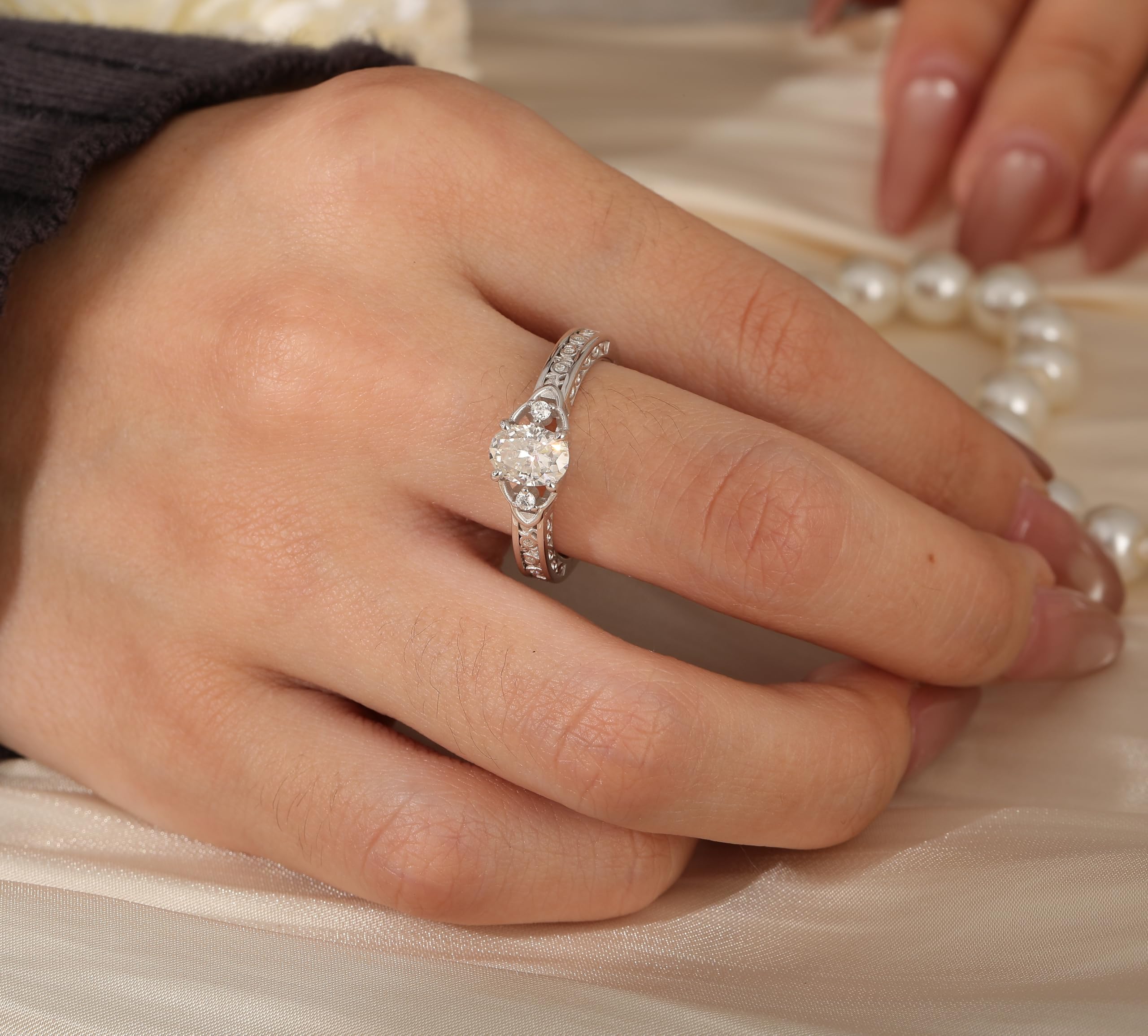 Damen Moissanit Ring Keltisch Knoten Blumen Ehering 925 Sterling Silber Solitärring Ovalschliff Rundschliff Blumering mit Stein Verlobungsring Bandring für Frauen Geschenk