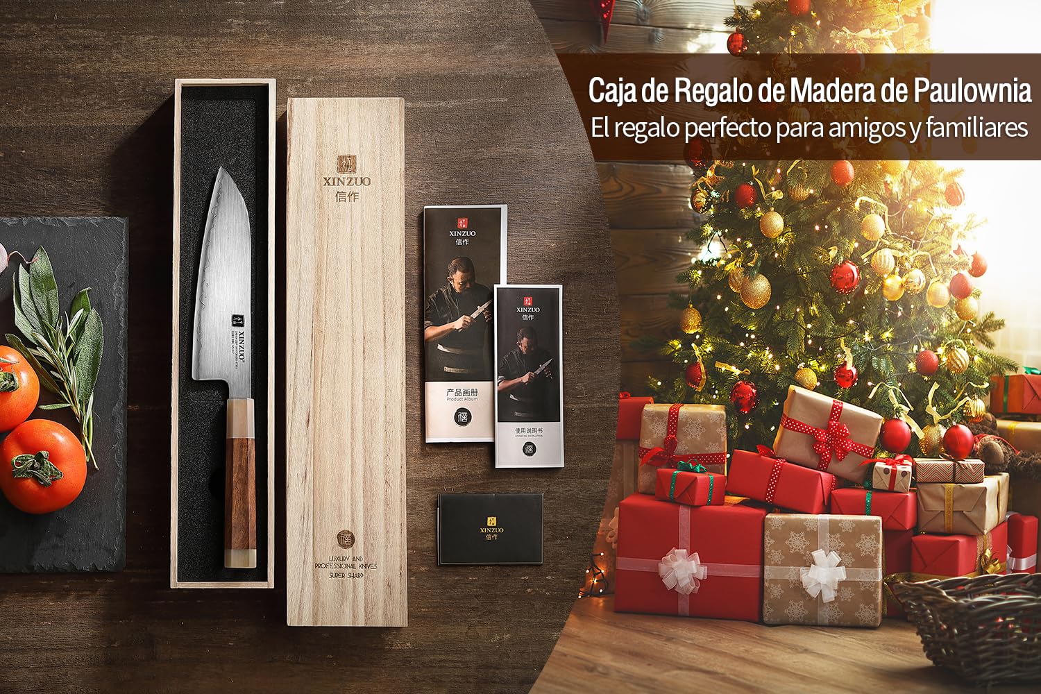 XINZUO 18,3cm Cuchillo Santoku de Cocina Acero en Polvo Japonés ZDP-189 -Profesional Afilado Acero Inoxidable Cuchillo para Verduras -Mango de Desert Ironwood -con Caja de Regalo de Madera de Tung