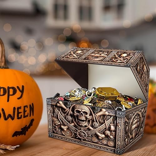 Miniatura 2 de PETCEE Cofre del tesoro pirata y caja de calaveras  Gran 9 x 9.3 x 8 pulgadas, almacenamiento de cartón para el aula para premios de niños, cofre