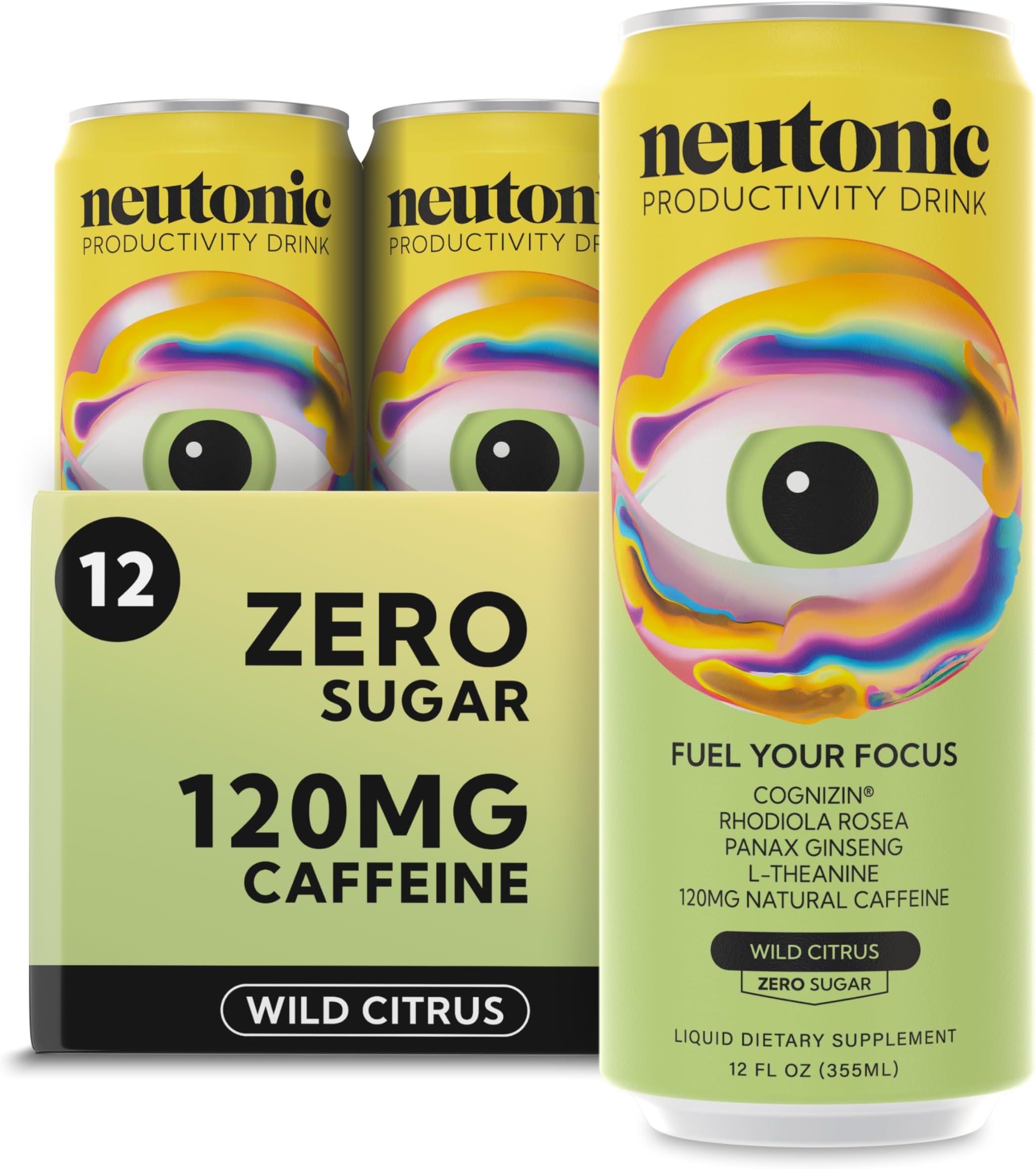 Neutonic Productivity Energy Drink, Boost Focus and Energy, Sugar Free, Science Backed Formula | 355 ML (12 cans) - Wild Citrus