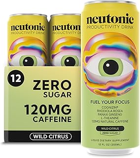 Neutonic Nootropic Productivity Energy Drink | Wild Citrus 12 Cans | 120mg Natural Caffeine, Zero Sugar | Support Memory, Mental Clarity, Cognitive Function | Boost Focus, Energy, Brain Health