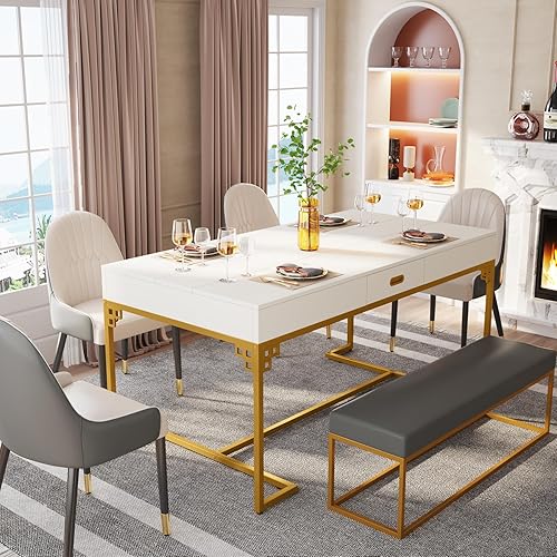 Tribesigns Mesa de comedor de 63 pulgadas para 4 a 6, mesa de cocina rectangular con 2 cajones, moderna mesa de comedor con marco de metal dorado