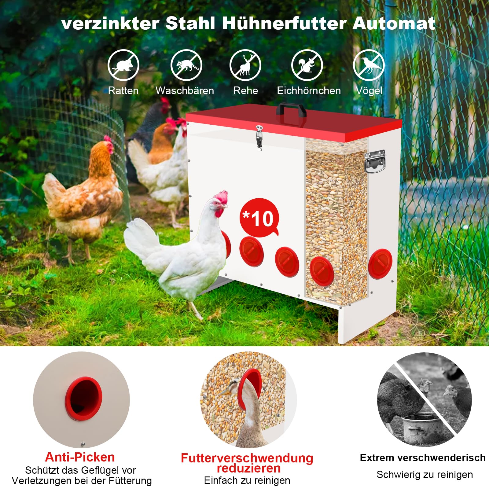 Futterautomat für Hühner 45.2 kg, Großvolumiger Hühnerfutter Automat mit 10 Futterstellen, Reduziert Futterverlust, für Hühner, Enten und Gänse