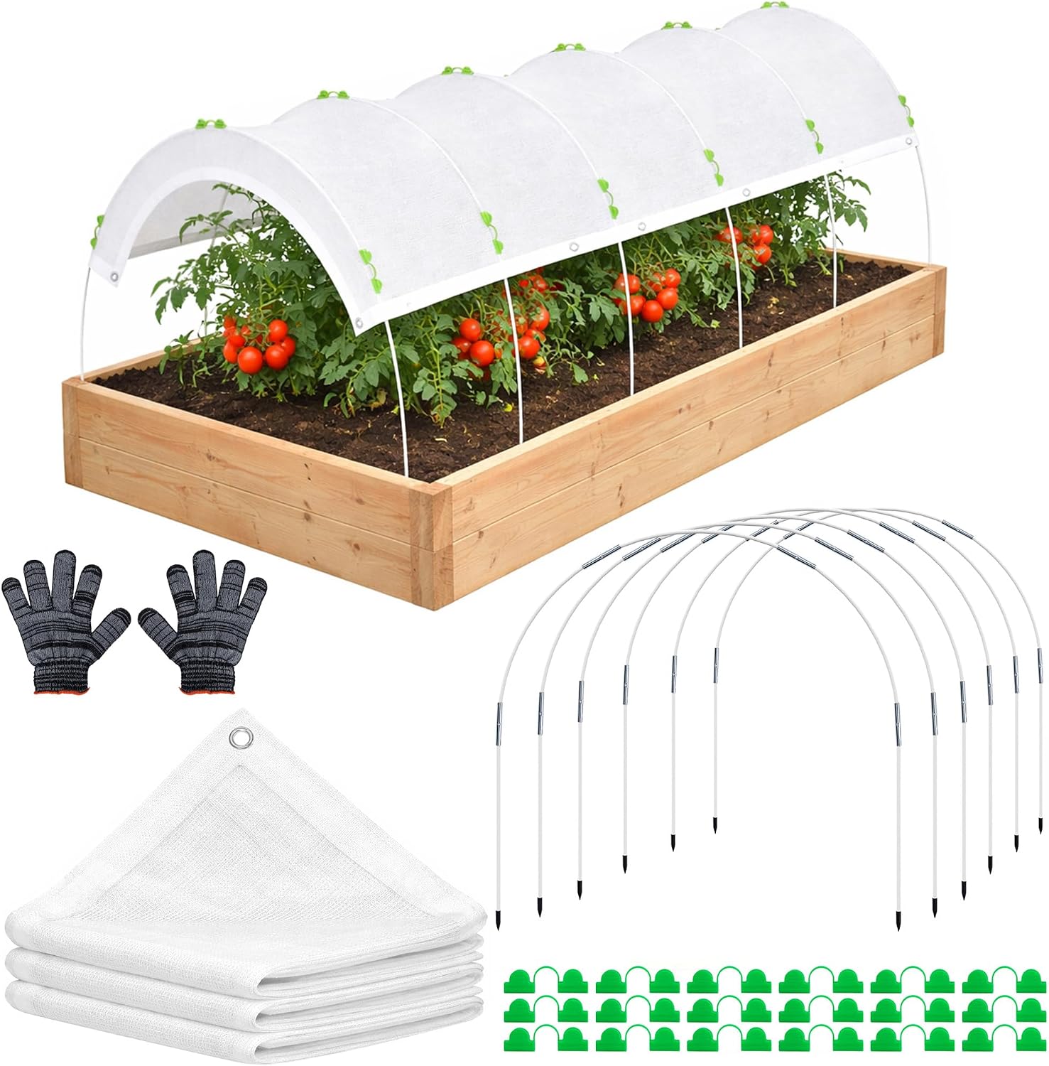 1x2.44M White Garden Shade Kit with Hoops for Heat Protection | Nylon Plant Shade Cloth, Sunblock Shade Cloth Row Cover for Outdoor Raised Beds Small Greenhouse