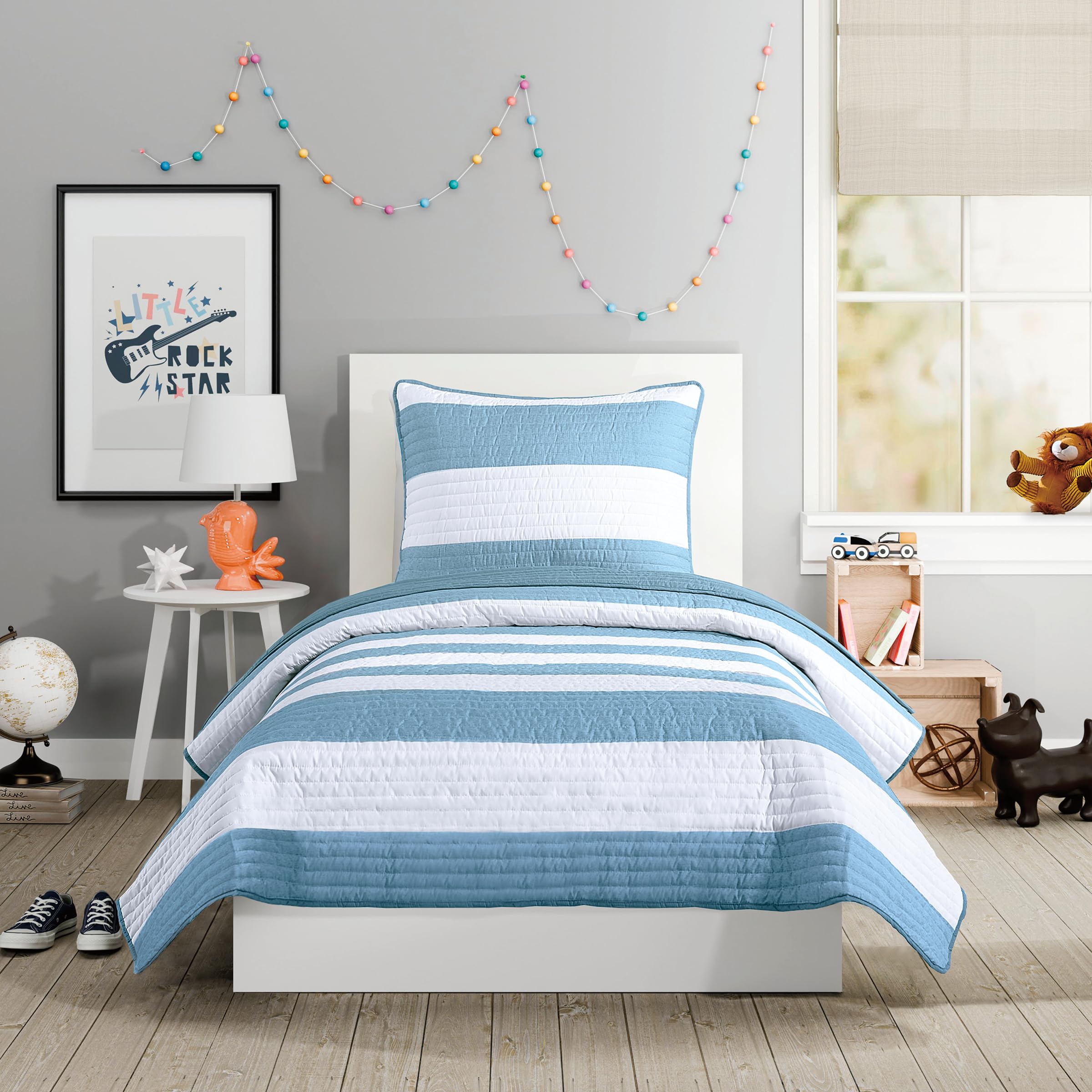 Urban Playground All Seasons Lavelle Blue/White Stripe Quilt Set - 2 Piece Soft Brushed Microfiber Kids Bedding Set for Boys/Girls – Machine Washable
