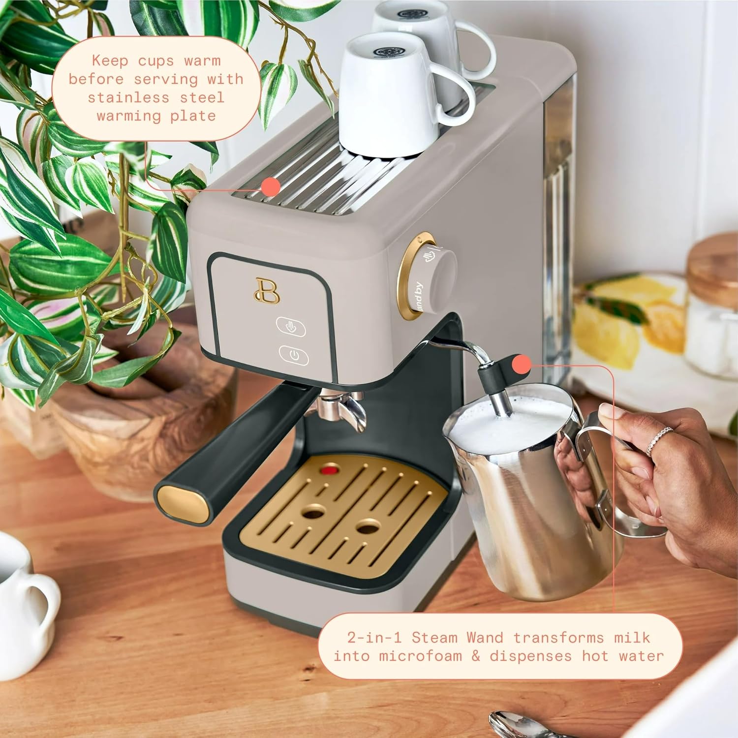 B Slim Espresso Maker by Drew Barrymoree with 20-Bar Pressure, Touch-Activated Display, and Steam Wand for Latte & Cappuccino (Porcini Taupe)