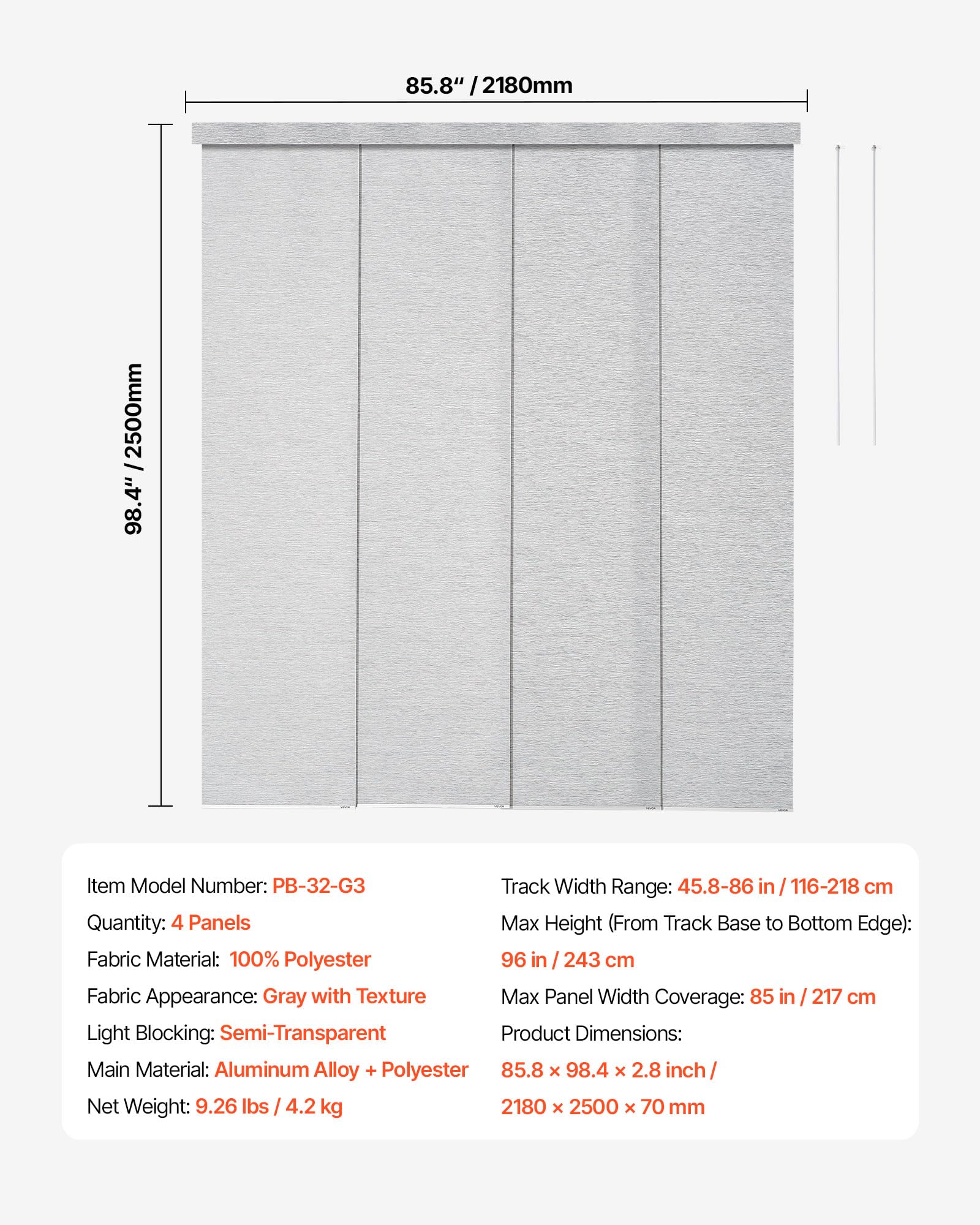 VEVOR Store à Panneaux sur Rail Extensible 116-218 cm de Largeur, Panneau Japonais Vertical Ajustable jusqu'à 243 cm de Hauteur, pour Portes Coulissantes, Séparation de Pièce, Fenêtres, Gris