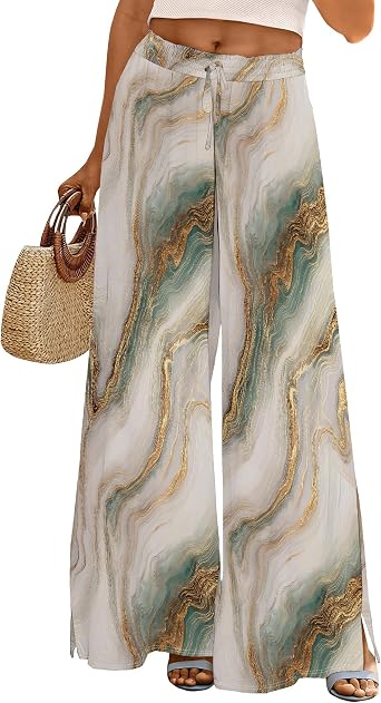 Wide Leg Pants Women Marble Print Drawstring Elastic Stretch Graphic Trousers Casual Summer Vacation Pants with Pockets