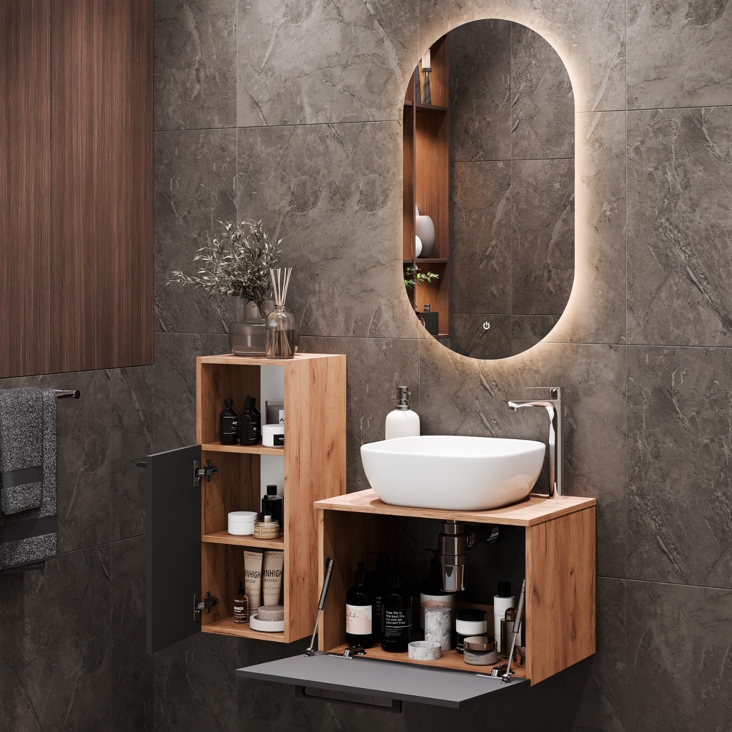 Planetmöbel Astra Ensemble Meuble Salle de Bain avec Meuble sous lavabo 60 cm, 1 Armoire Moyenne chêne doré Anthracite, sans Vasque à Poser