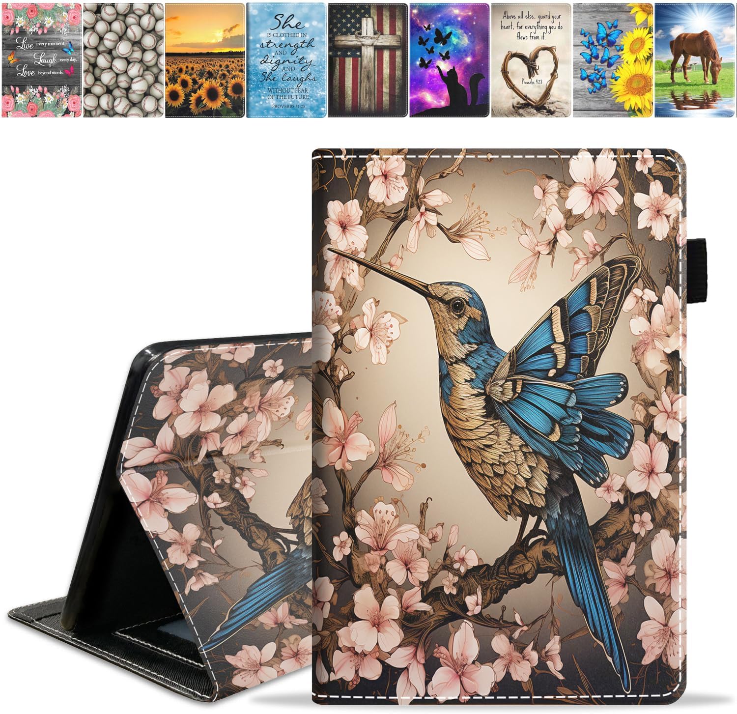 Case for All-New Amazon Kindle Fire HD 10 & 10 Plus Tablet (13th/11th Generation, 2023/2021 Release) 10.1" - Premium PU Leather Stand Cover with Smart Auto Wake - Hummingbird