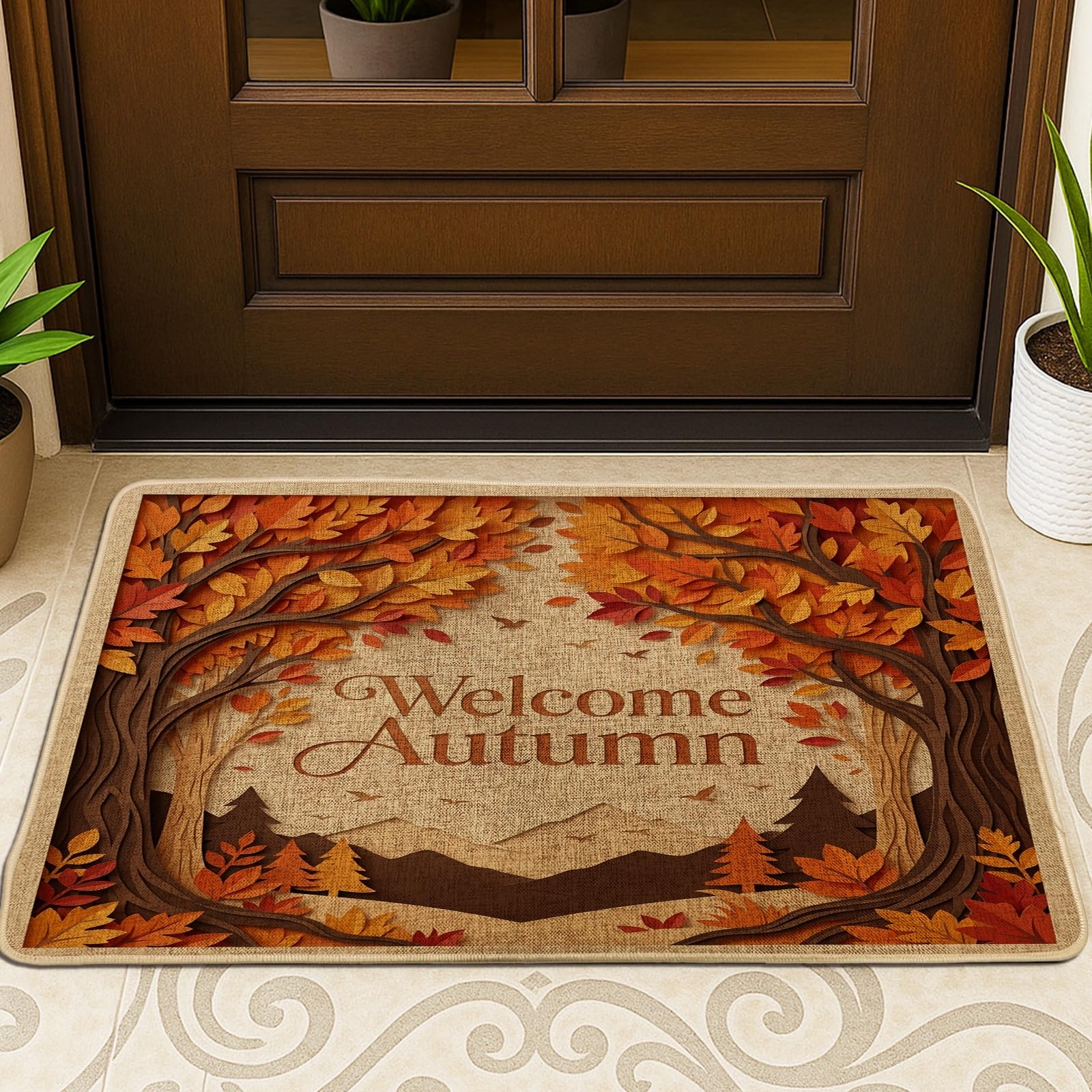 Tapete negro para puerta exterior de 29x17 pulgadas ultrafino con diseño de árbol otoñal