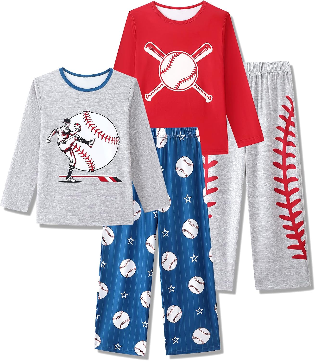 Mikrdoo Boys Pajamas Soft Breathable 4pc Long Sleeve Sleepwear Set 6Y-16Y