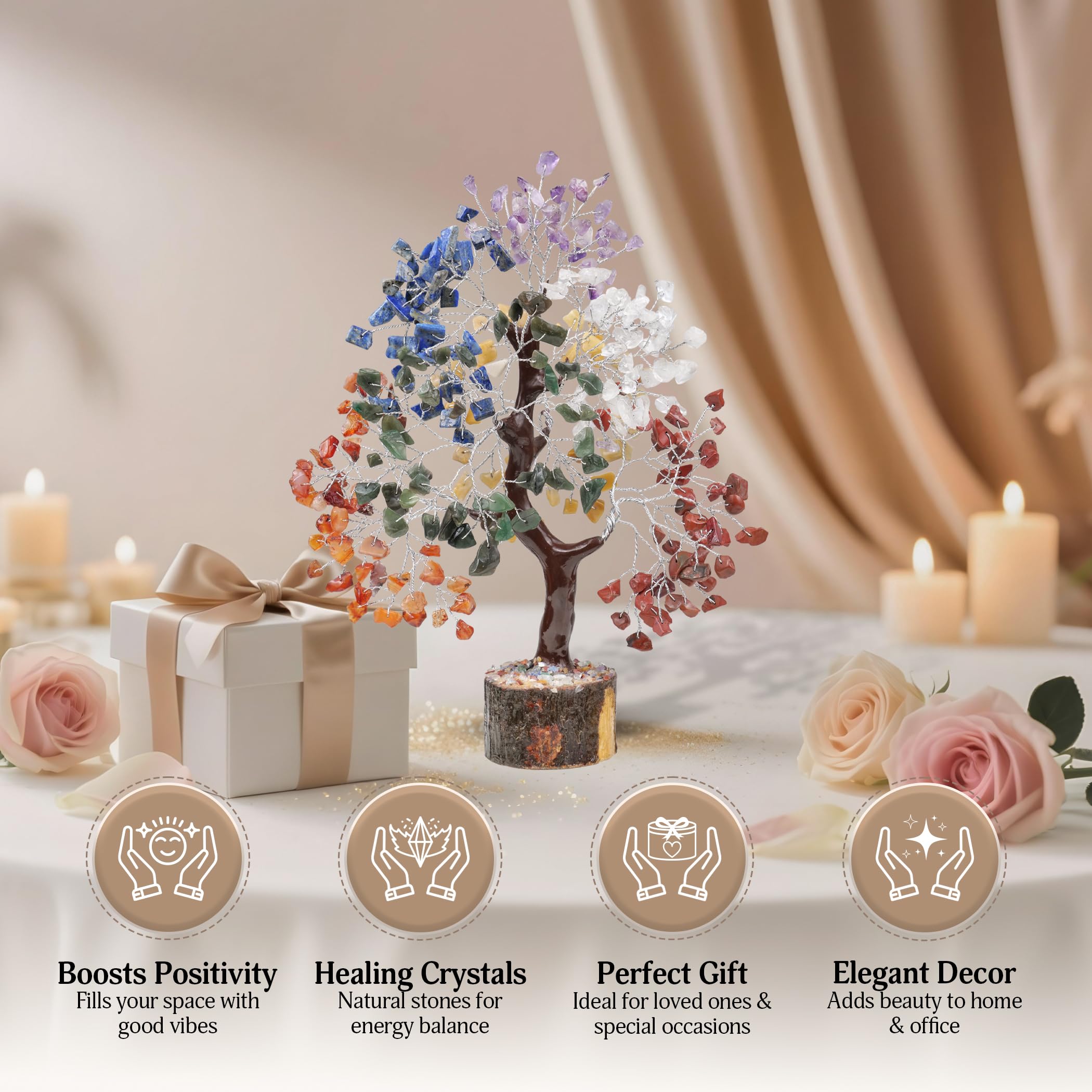 FASHIONZAADI Seven Chakra Gemstone Crystal Tree - Feng Shui Bonsai Money Natural Healing Crystals Chakras Reiki Stones Good Luck Home Decoration Gift Office Décor Size 10-12 inch (Silver Wire)