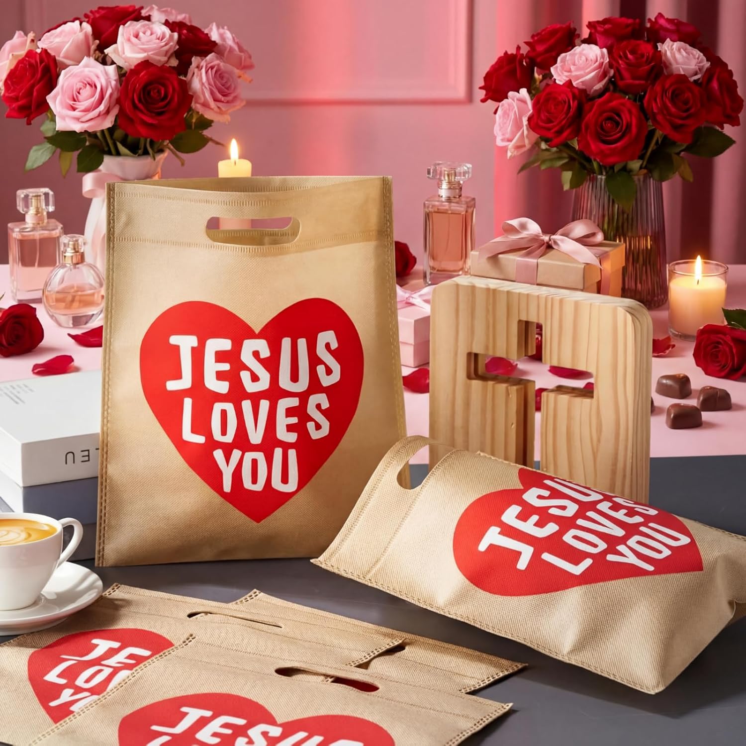 VitalCozy 24 Pcs 48 Pcs Jesus Loves You Bags Bulk Easter Reusable Non Woven Christian Religious Gift Bag with Handle Candy Tote (Light Brown) - Image 6
