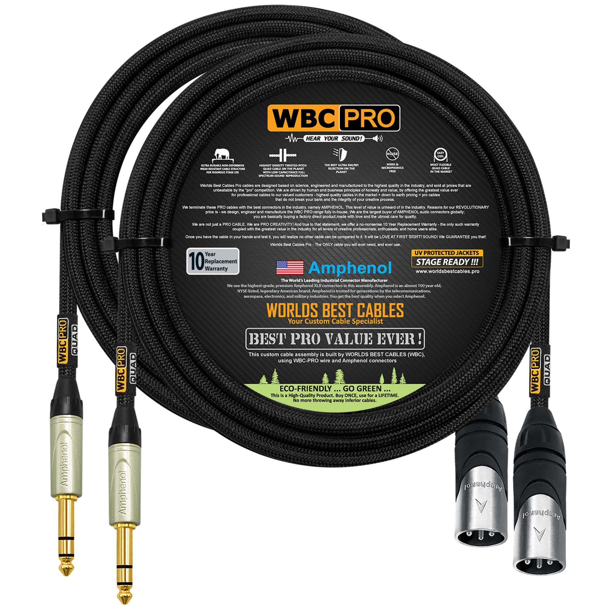 WBC-PRO-Quad - 2 unidades de cable XLR a TRS balanceado ultra silencioso ultra flexible y equilibrado Star-Quad XLR a TRS con conectores estéreo Amphenol AX3M macho XLR y QS3P-AU rectos, cubierta de