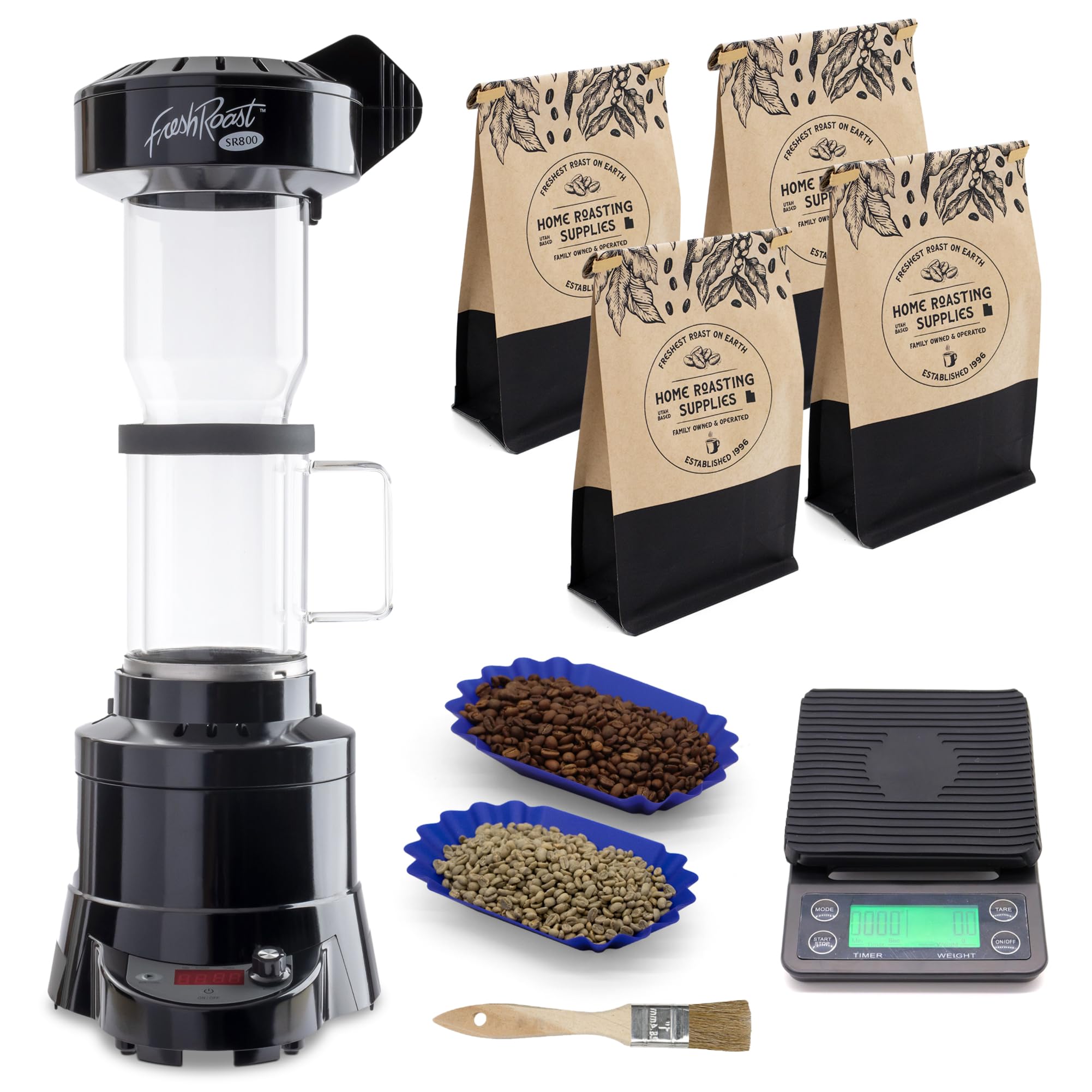 Coffee Roaster Bundle SR800, Glass Extension Tube, Pour Over Digital Scale, (4lbs) Sample Pack of Green Beans, (2-Pack) Sample Trays, Chaff Brush