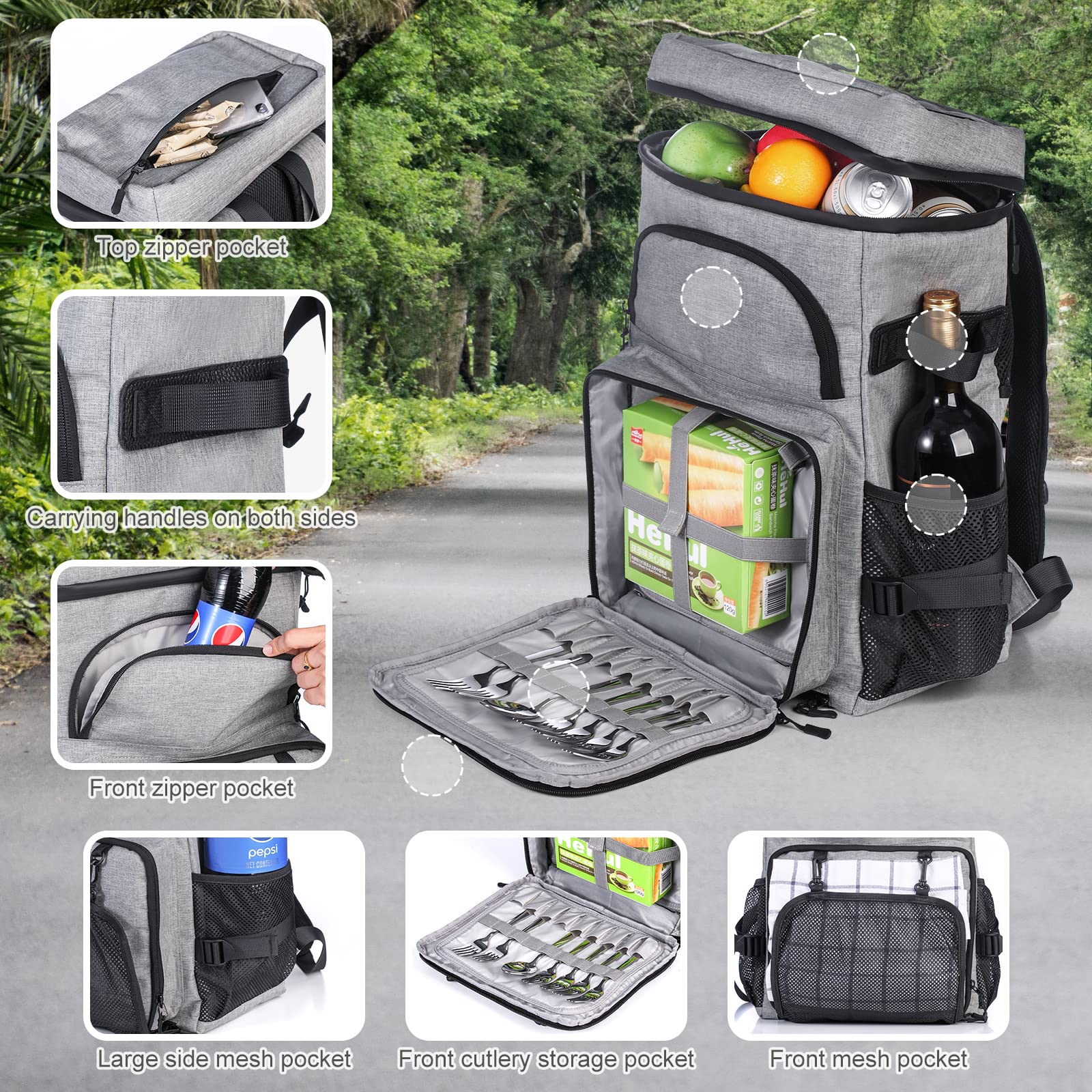 DEWUR Zaino termico, da 35 l, impermeabile, con apribottiglie, per picnic, campeggio, spiaggia, escursioni, viaggi, shopping