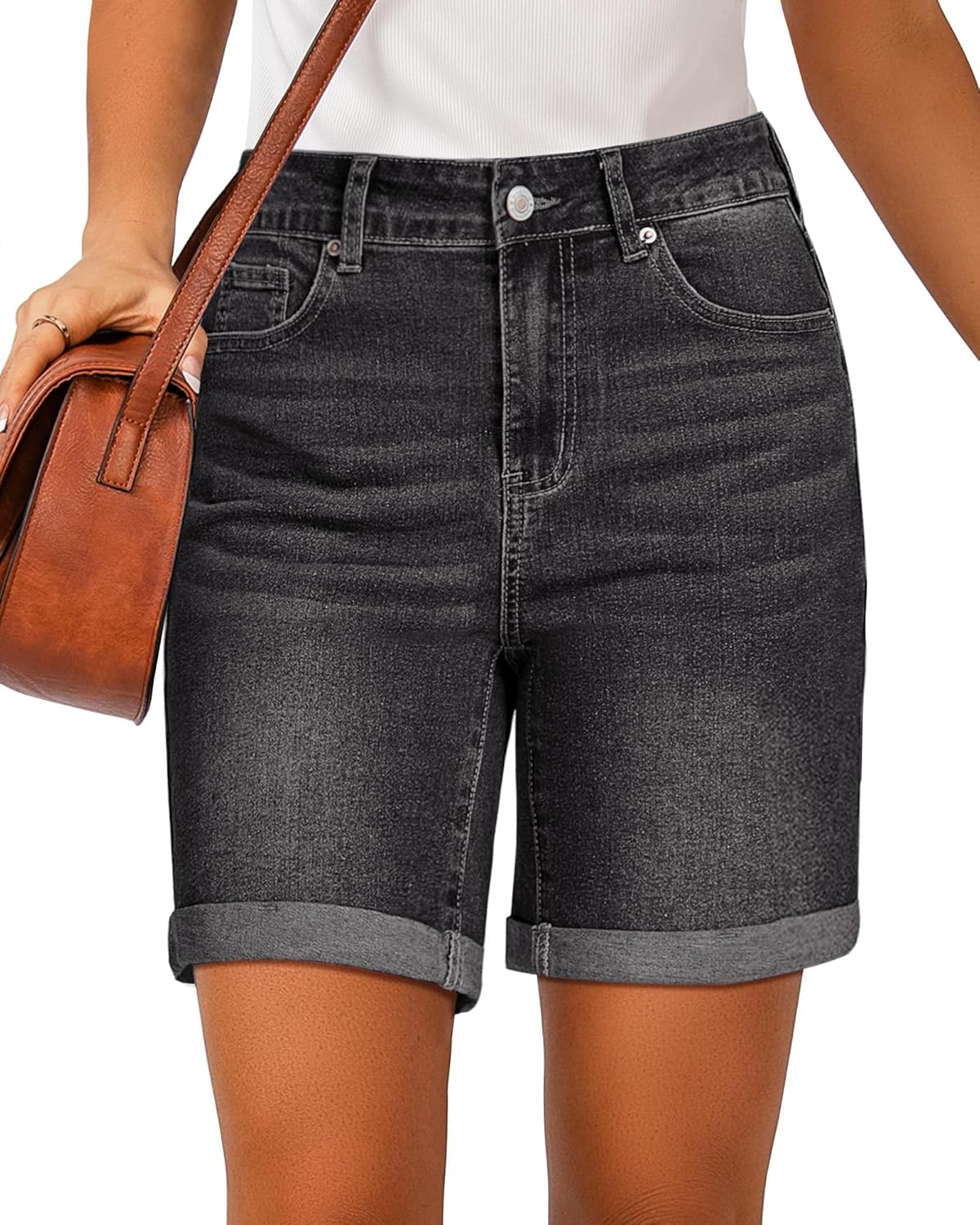 luvamia Jean Shorts for Women High Waisted Trendy Causal Summer Fold Hem Stretchy Long Denim Shorts 7 Inch Inseam