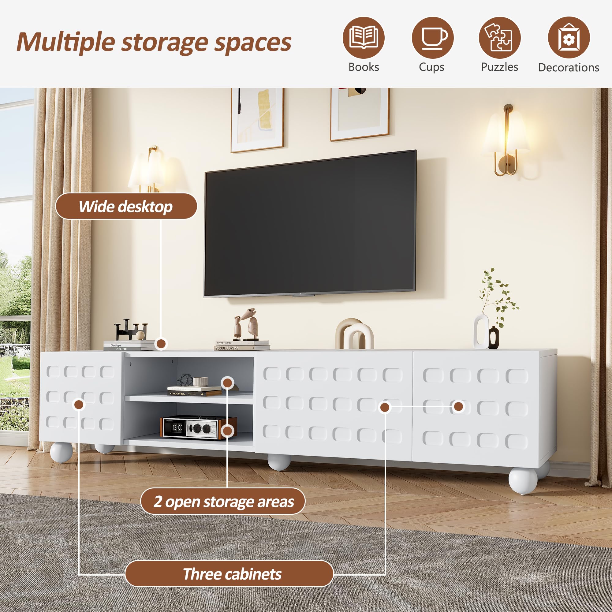 Mueble bajo para TV (200 x 40 x 44 cm, 3 puertas, con diseño impreso, 5 patas, 200 cm, apto para televisores de hasta 80 pulgadas), color blanco