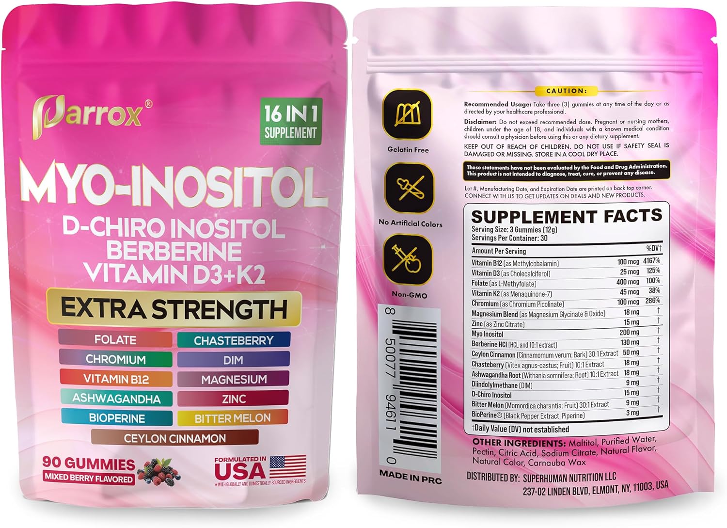 Myo-Inositol & D-Chiro Inositol Gummies with Berberine, Vitamins D3+K2, B12, Folate, Zinc, Magnesium, Ashwagandha, Chasteberry, Bioperine, DIM - 16 in 1 Supplement - Mixed Berry Flavor - 90 Gummies - Image 8