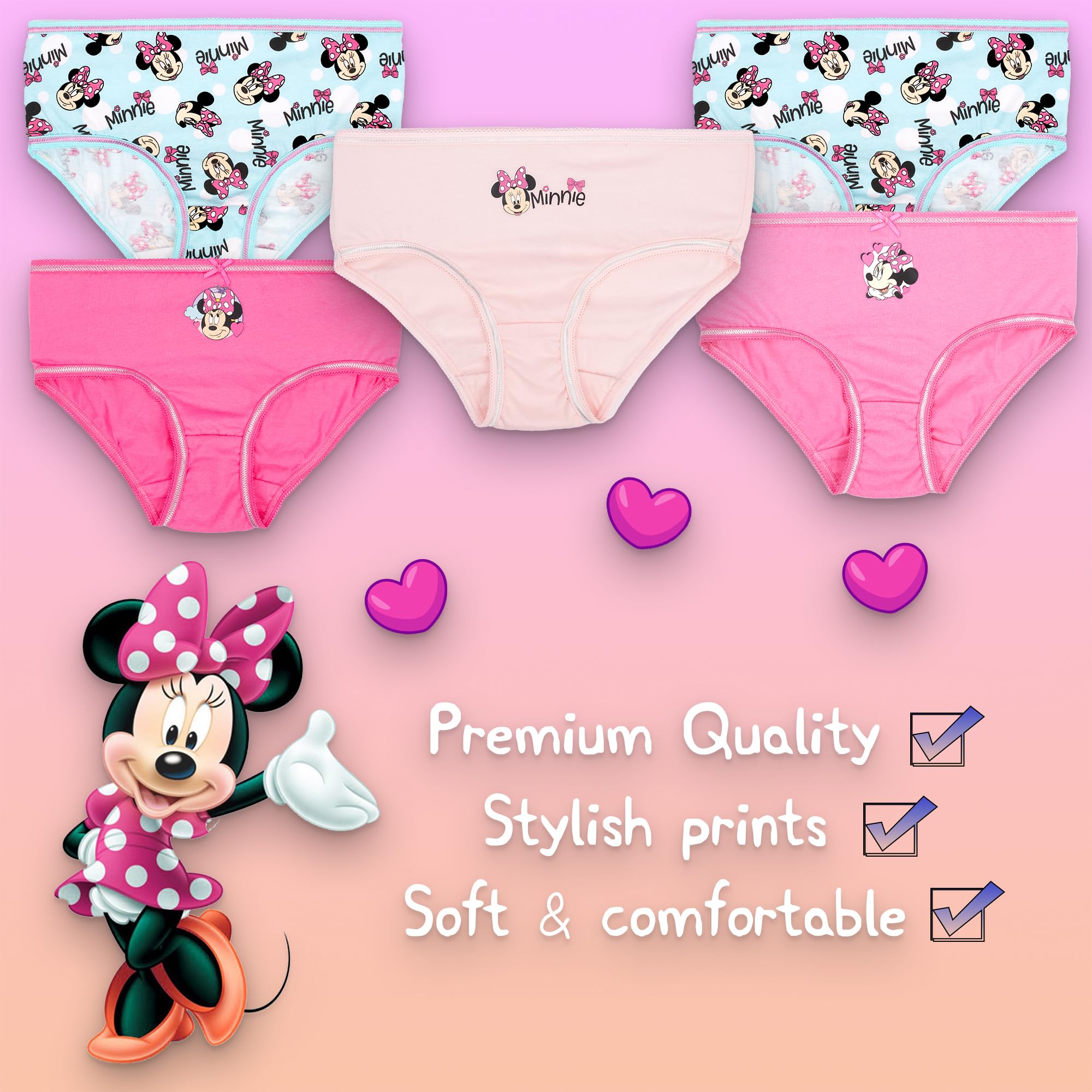 Disney Bragas suaves 100 % algodón para niñas, ropa interior para niñas, paquete de 5 con 5 diseños diferentes, color rosa, edad 5/6