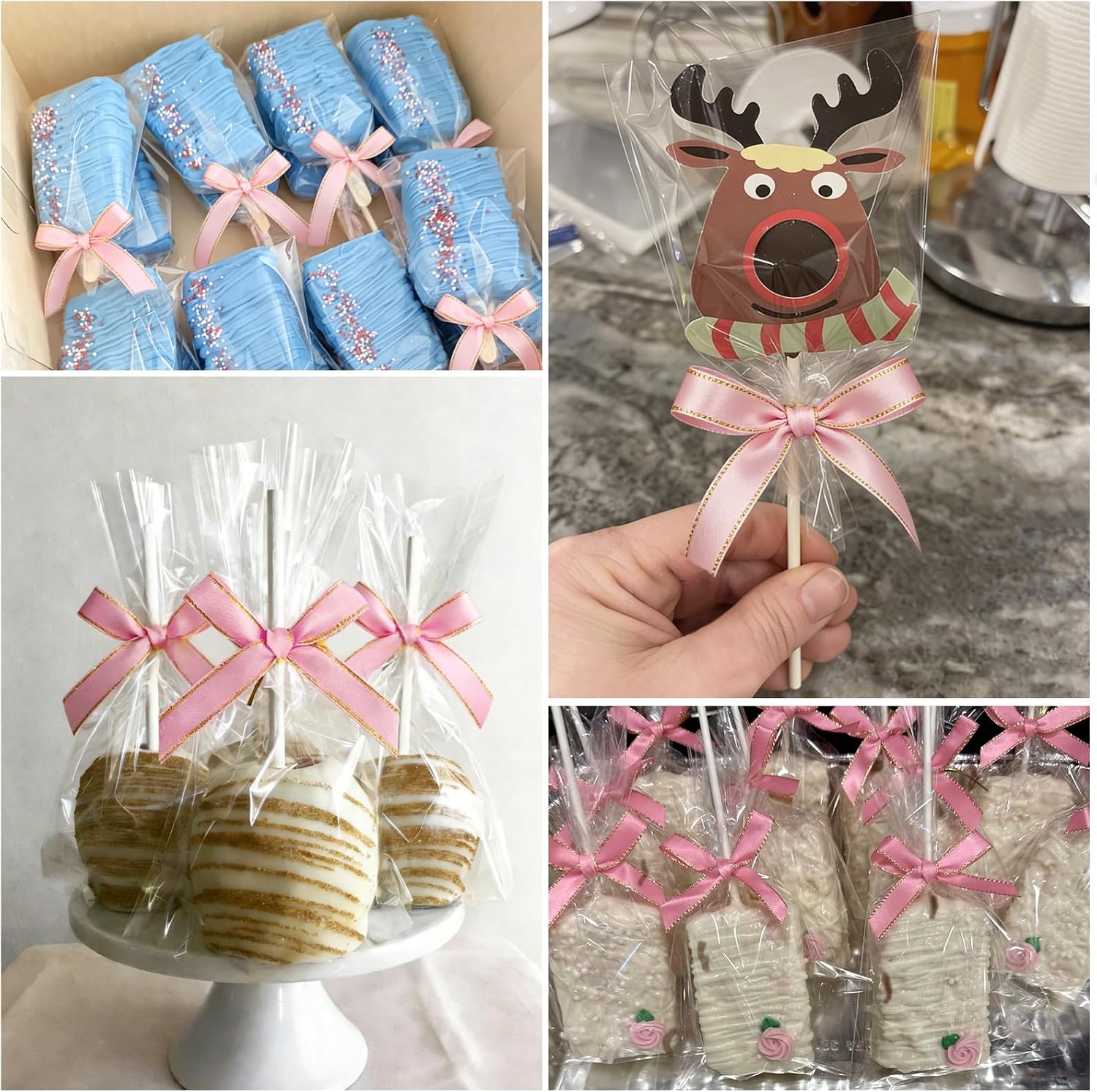 Roxjaejae 150 Pcs Cake Pop Kit, Paper Cake Pop Sticks with Clear Cellophane Bags and Pink Bow Twist Ties, Cake Pops Making Tools for Lollipops, Candies, Chocolates, Cookies, DIY Desserts