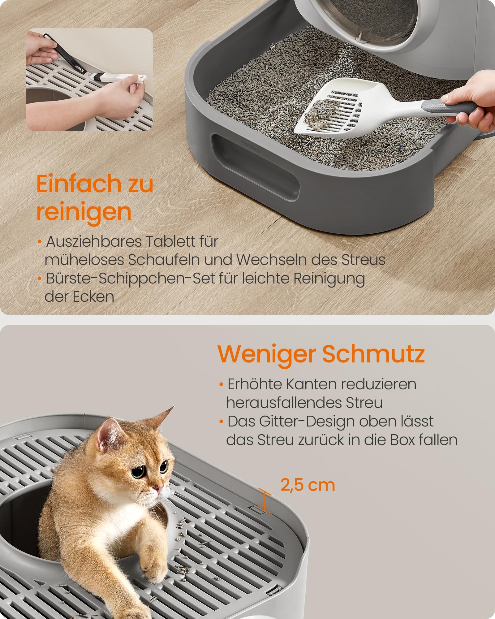 Feandrea Katzenklo 2er Set, Katzentoilette XXL, mit Deckel, ausziehbares Tablett, Schaufel, Bürste, für Katzen verschiedener Größen, weniger Spuren, Taubengrau-schiefergrau PPT002B10