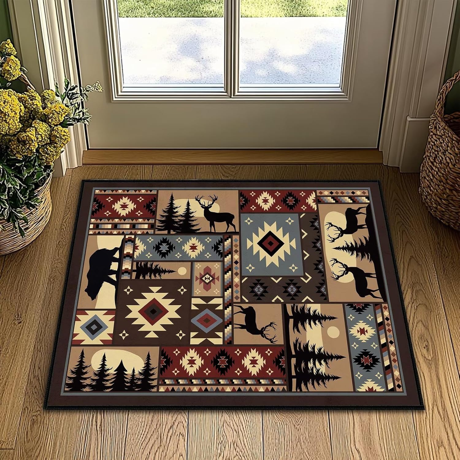 Cabin Wildlife Runner Rug 2x6,Buffalo Plaid Bear Moose Deer Country,Vintage Throw Carpet Washable Kitchen Runners Rustic Hallway Rugs Entrance Door Mat Non Slip Accent Area Rugs for Entryway,Laundry